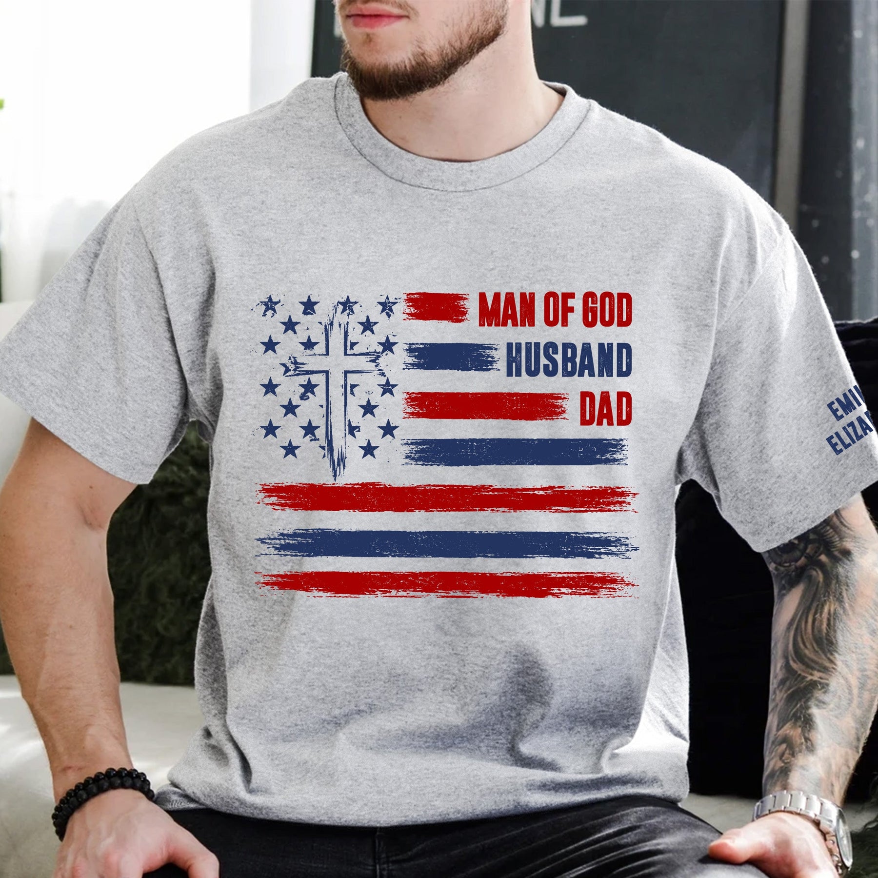 Man Of God, Husband, Dad, Papa - Christian Gift, Father's Day Gift - Kids' Names On Sleeve - Personalized Shirt