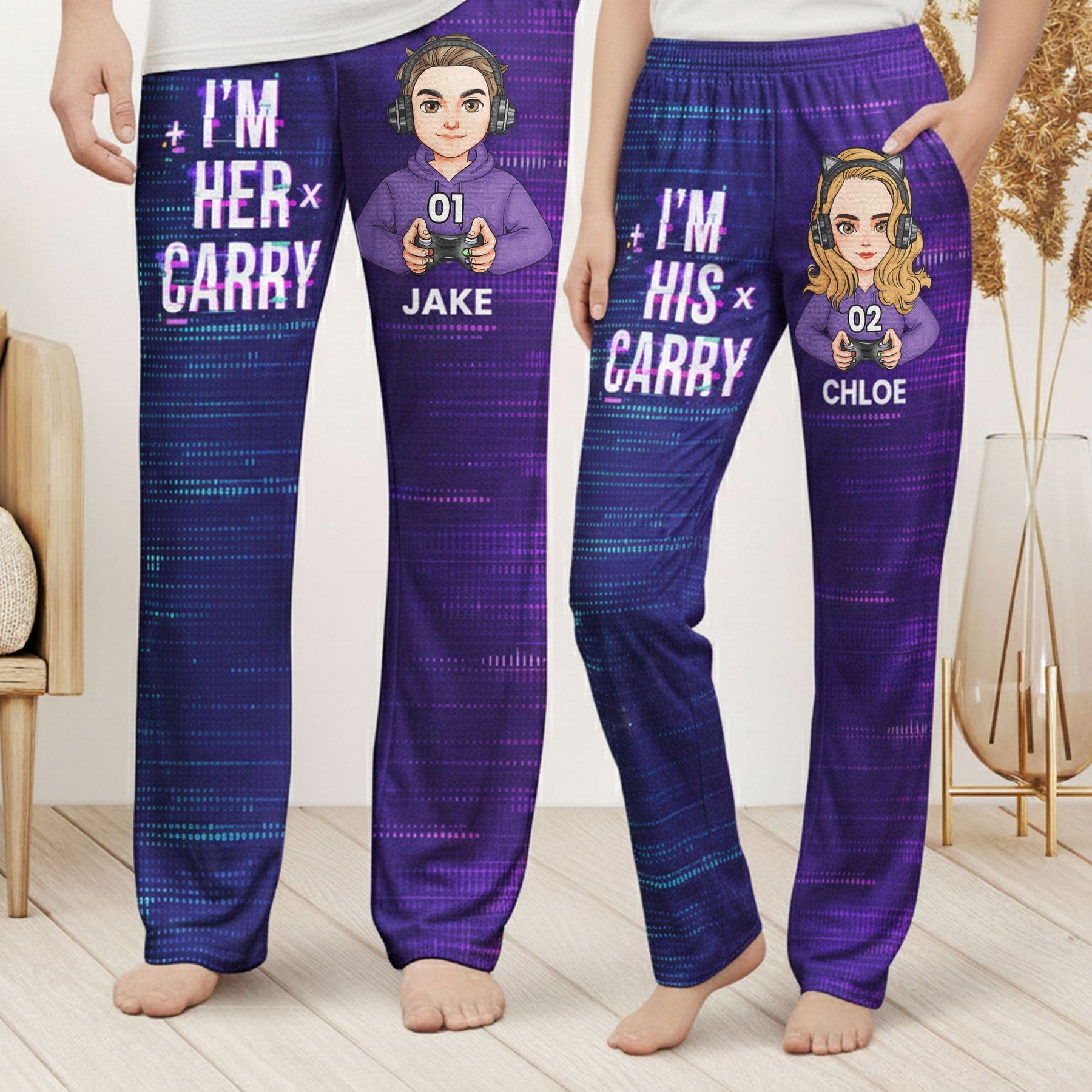 Matching Gaming Couples Player 01 02 For Gamer Lovers - Personalized Matching Lounge Pants With Pockets