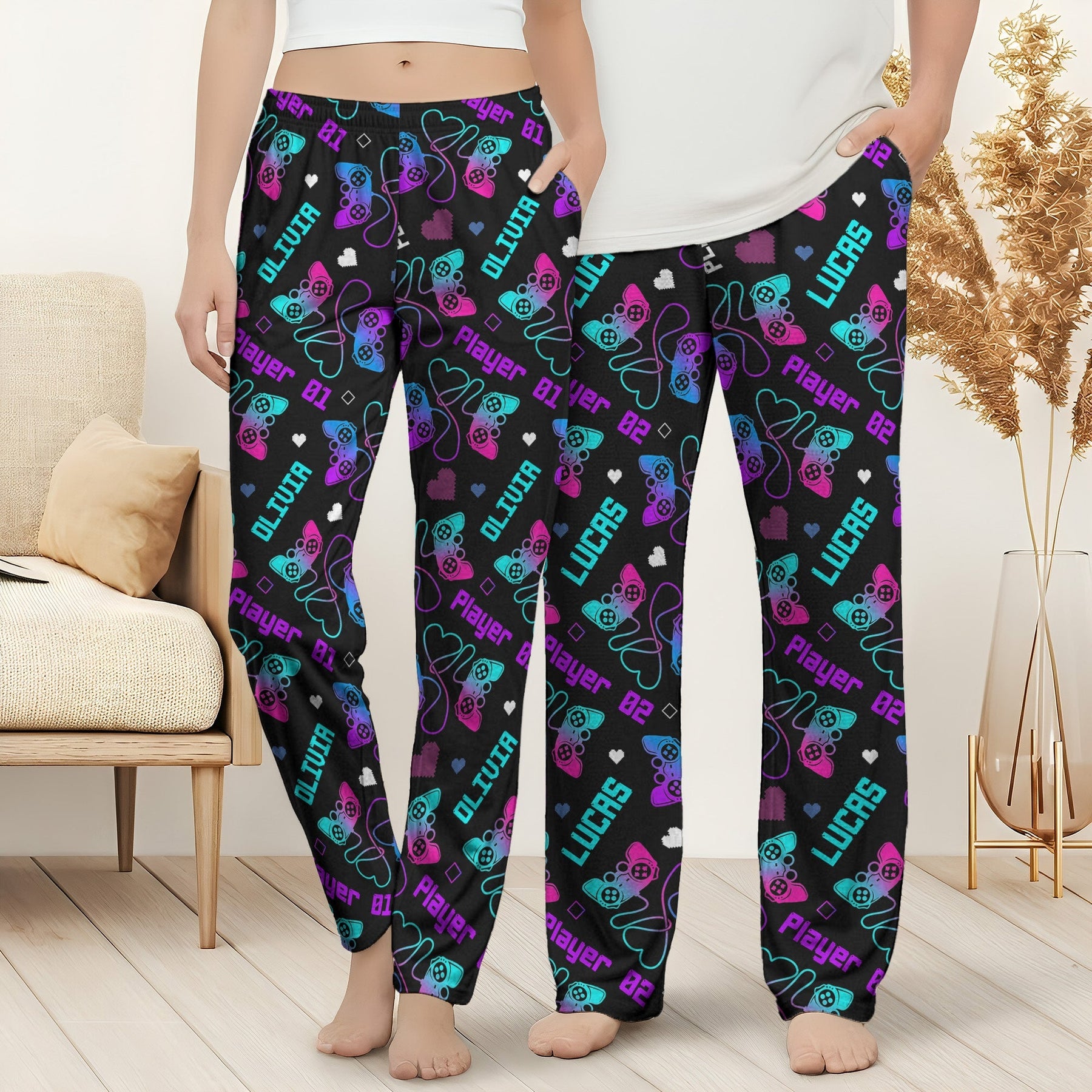 Matching Gaming Couples Player 01 02 - Personalized Matching Lounge Pants With Pockets