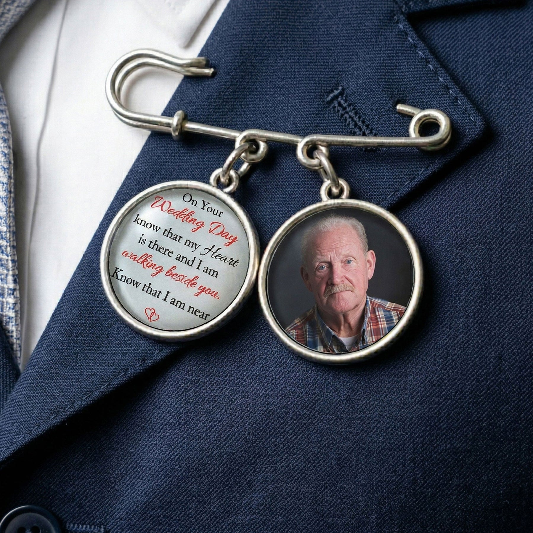 Memorial Custom Photo Gift For Bride Groom On Wedding Day - Personalized Lapel Pin With Charms