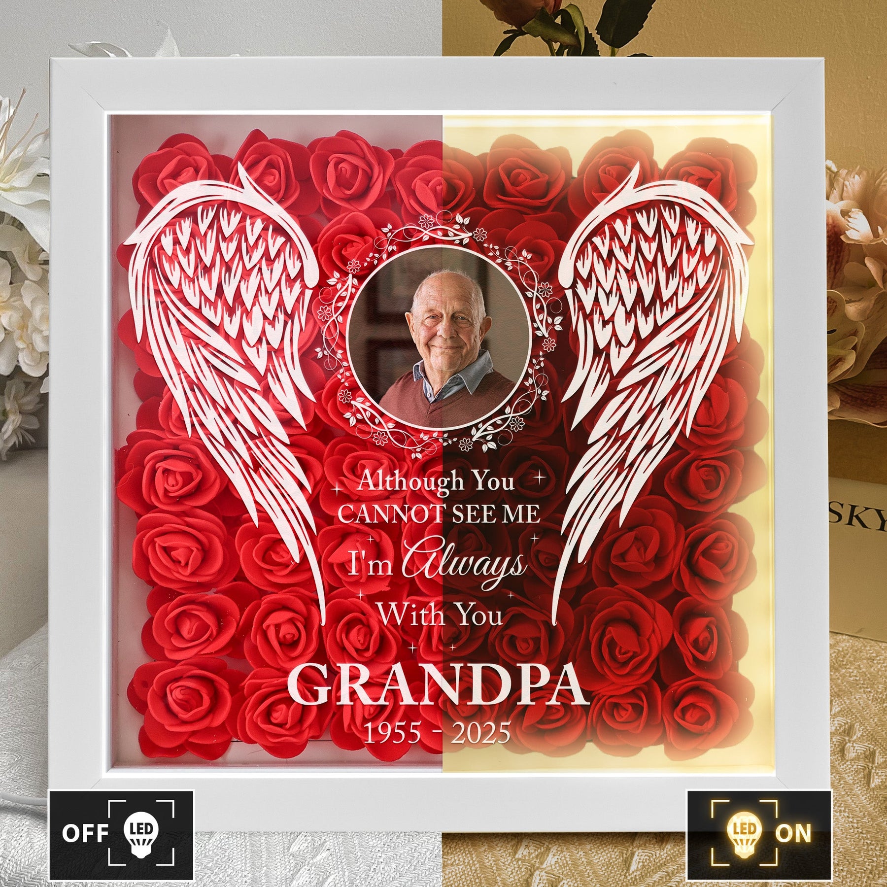 Memorial I'm Always With You - Personalized Photo Flower Shadow Box With LED Light