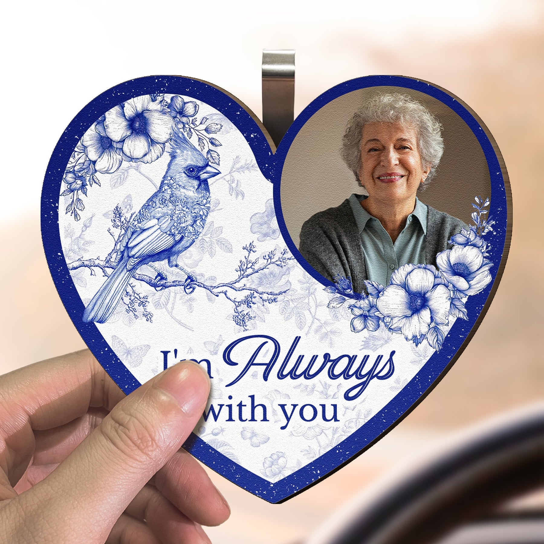 Memorial Toile De Jouy Style I'm Always With You - Personalized Wooden Photo Car Visor Clip