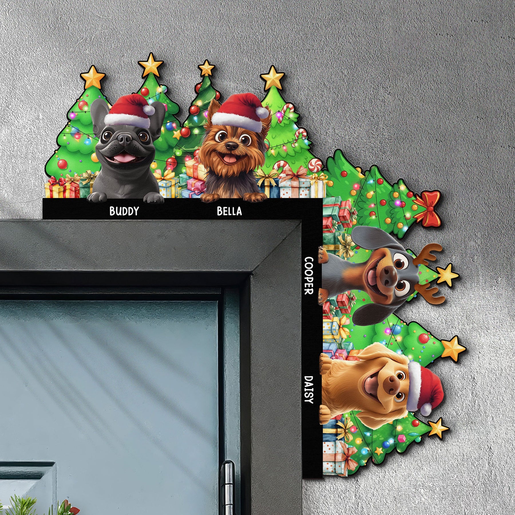 Merry Woofmas - Peeking Dog - Personalized Door Corner Wood Sign