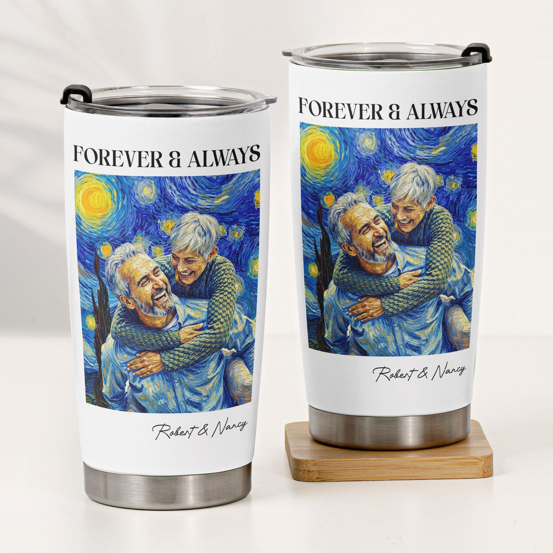 Couple Photo Van Gogh Art Forever & Always Anniversary Gift For Him, Her - Personalized Tumbler Cup
