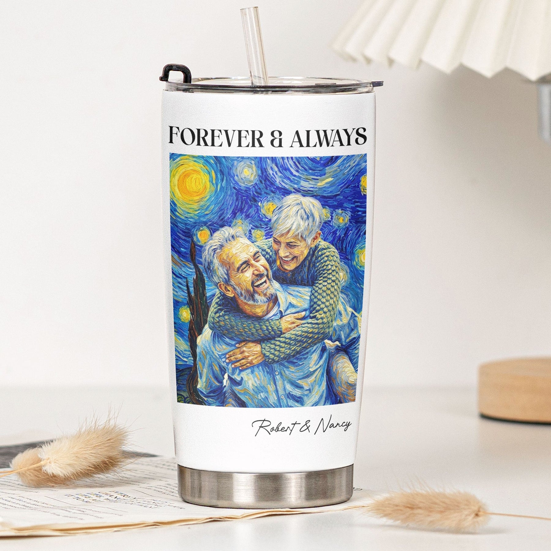 Couple Photo Van Gogh Art Forever & Always Anniversary Gift For Him, Her - Personalized Tumbler Cup