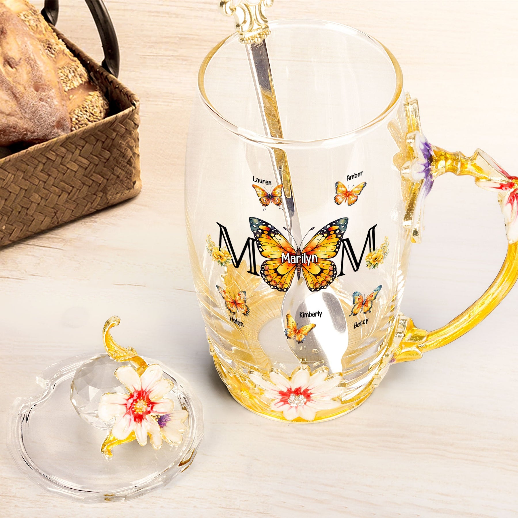 Mom And Children Butterflies - Personalized Enamel Flower Tea Cup