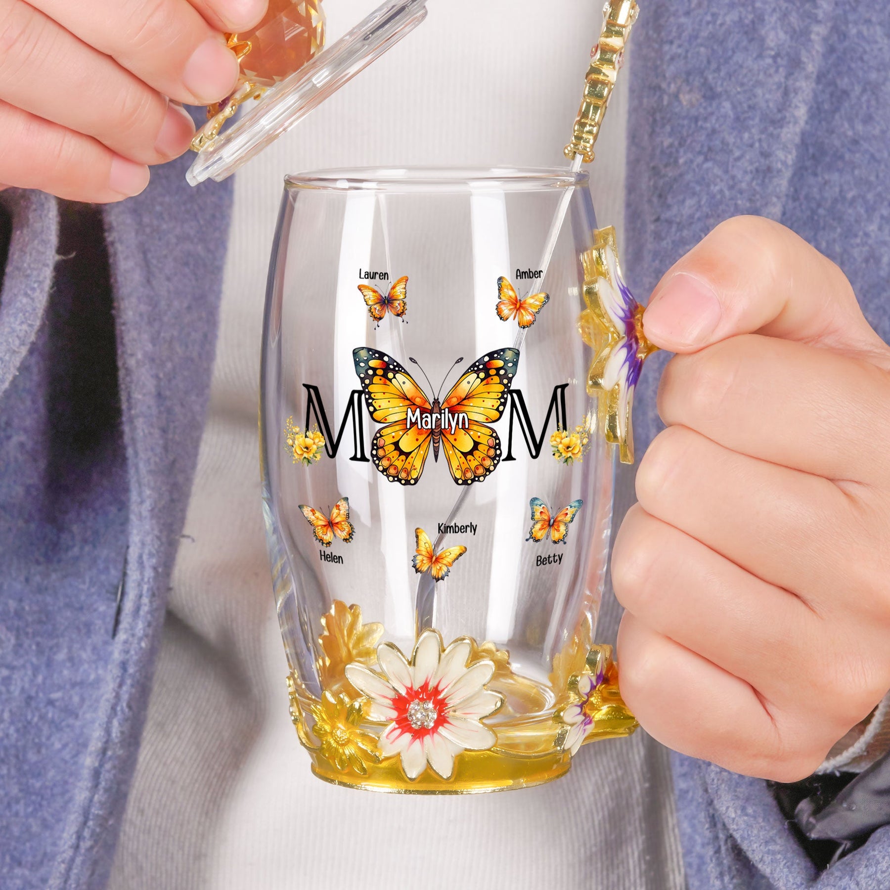 Mom And Children Butterflies - Personalized Enamel Flower Tea Cup