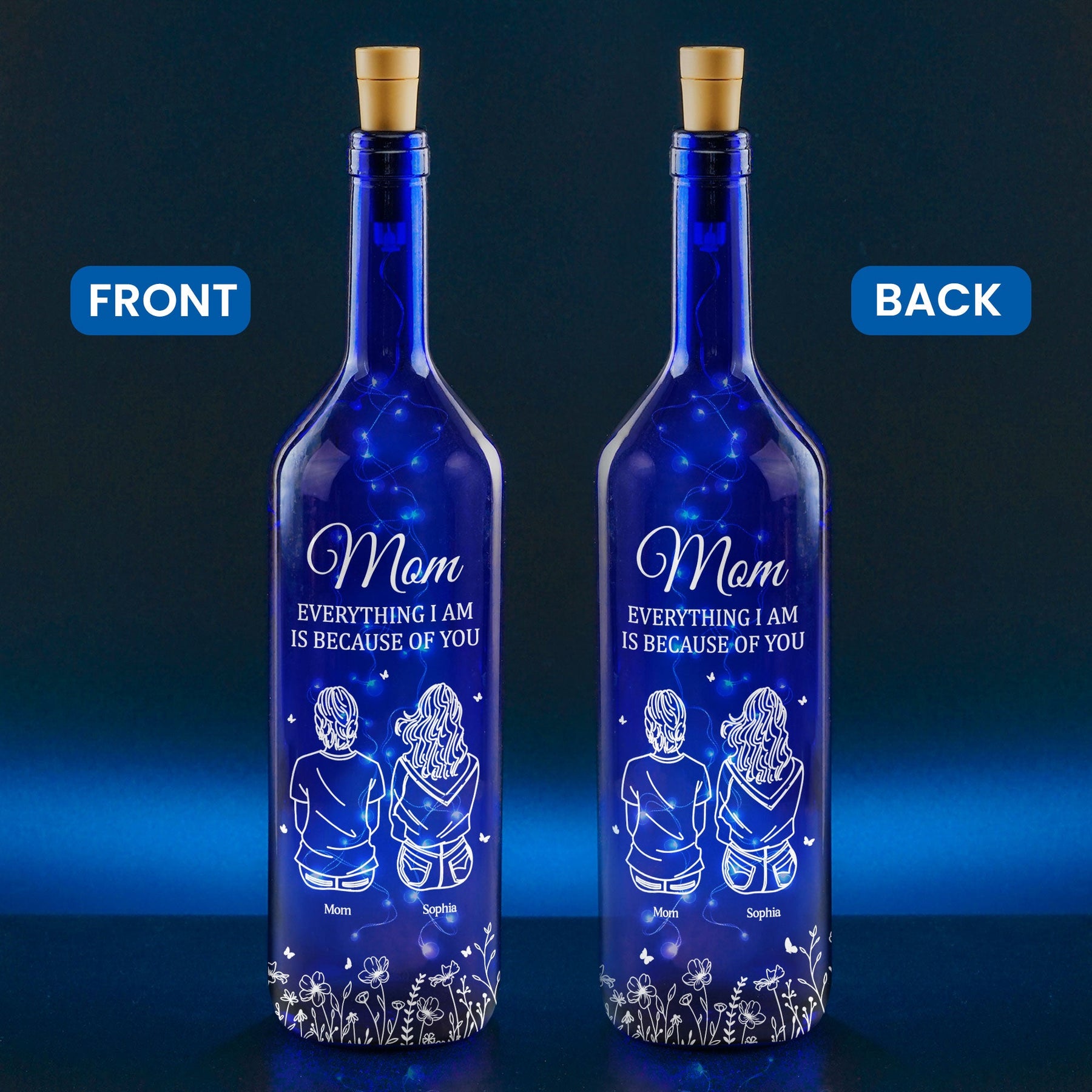 Mom Everything I Am Is Because Of You - Personalized Blue Bottle Lamp
