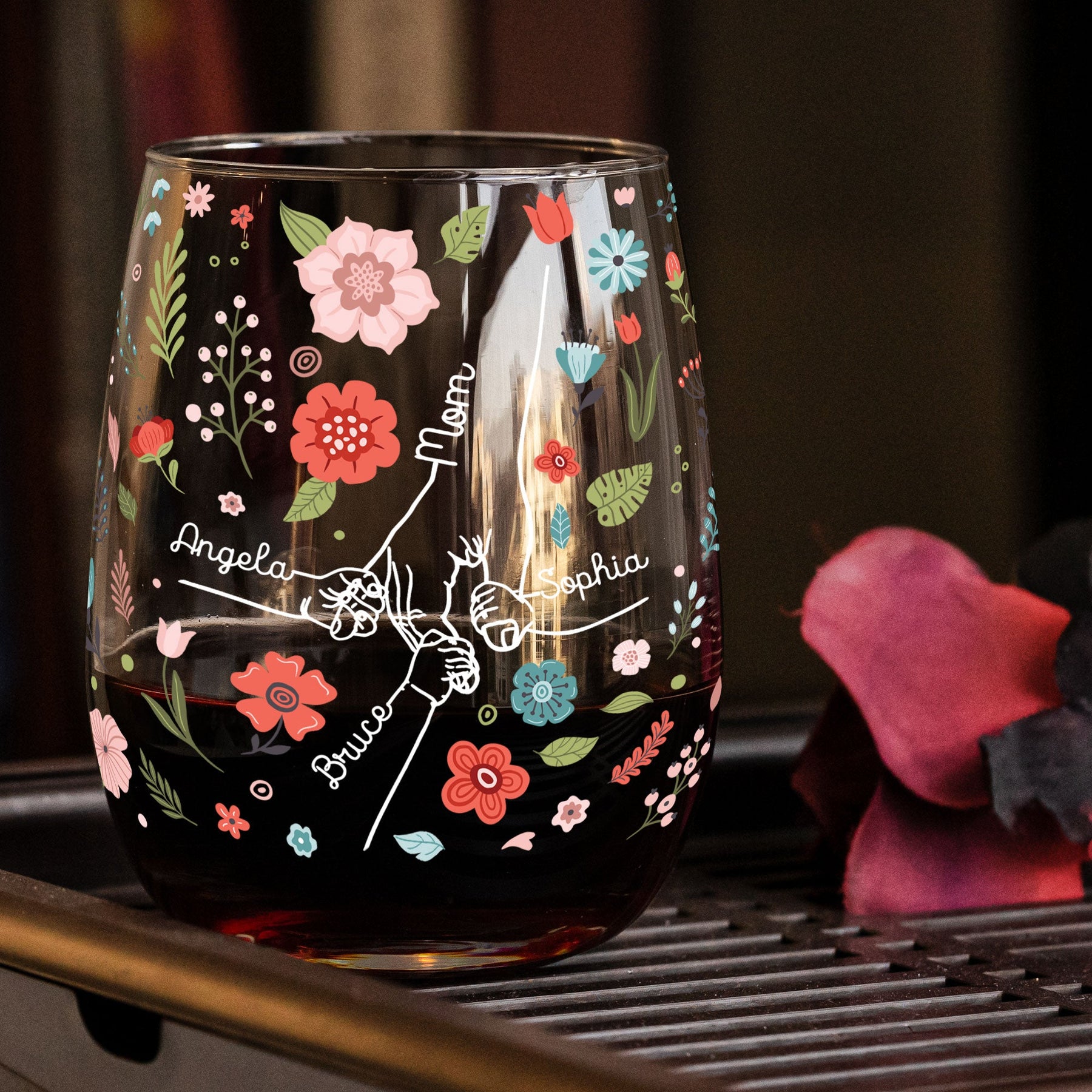Mom Holding Kids' Hands - Mom, Grandma Mother's Day Gifts - Personalized Stemless Wine Glass
