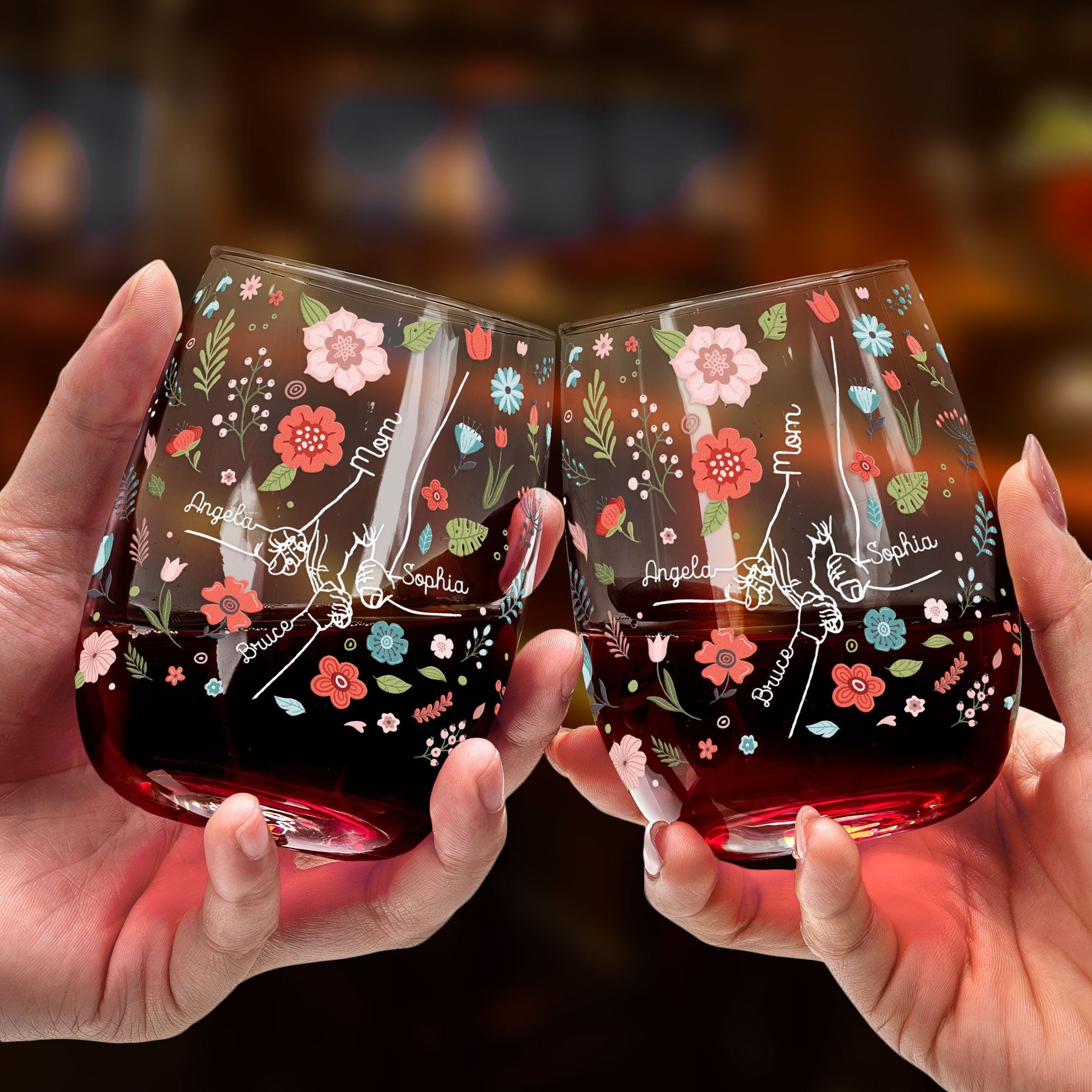 Mom Holding Kids' Hands - Mom, Grandma Mother's Day Gifts - Personalized Stemless Wine Glass
