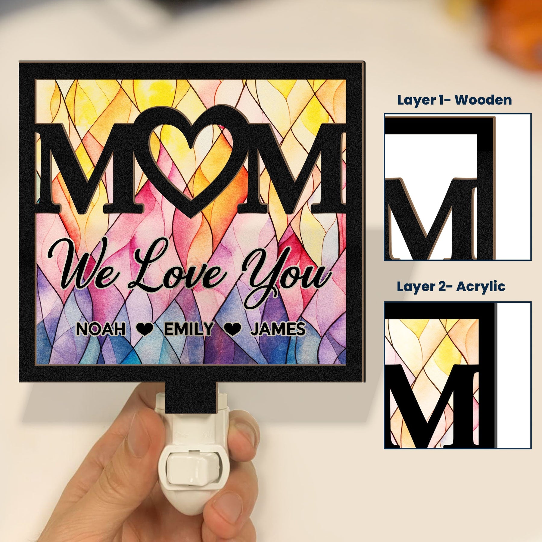 Mom We Love You - Personalized Wood And Acrylic Night Light