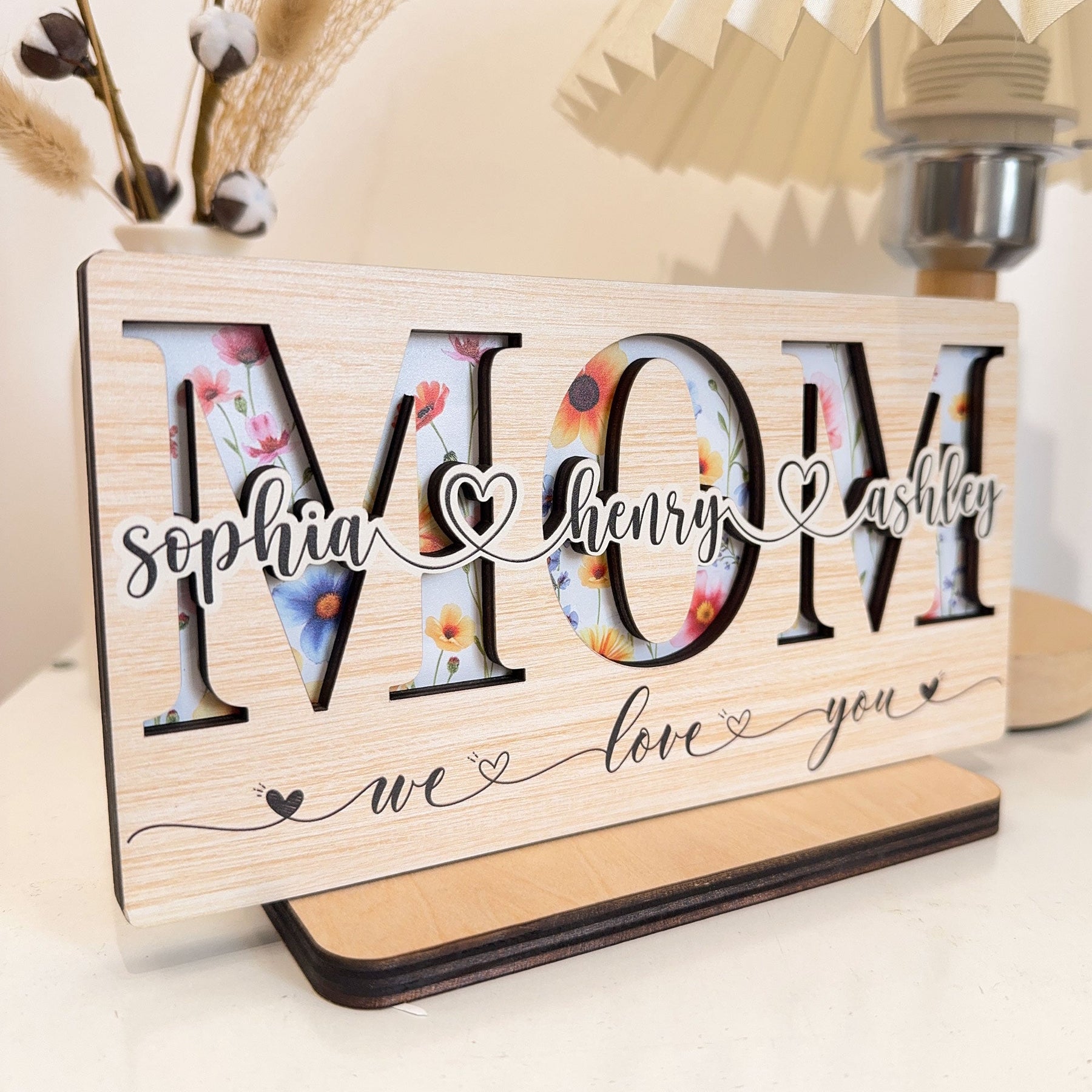 Mom, Grandma, Gigi Floral Sign With Kids' Names - Personalized Wooden Plaque