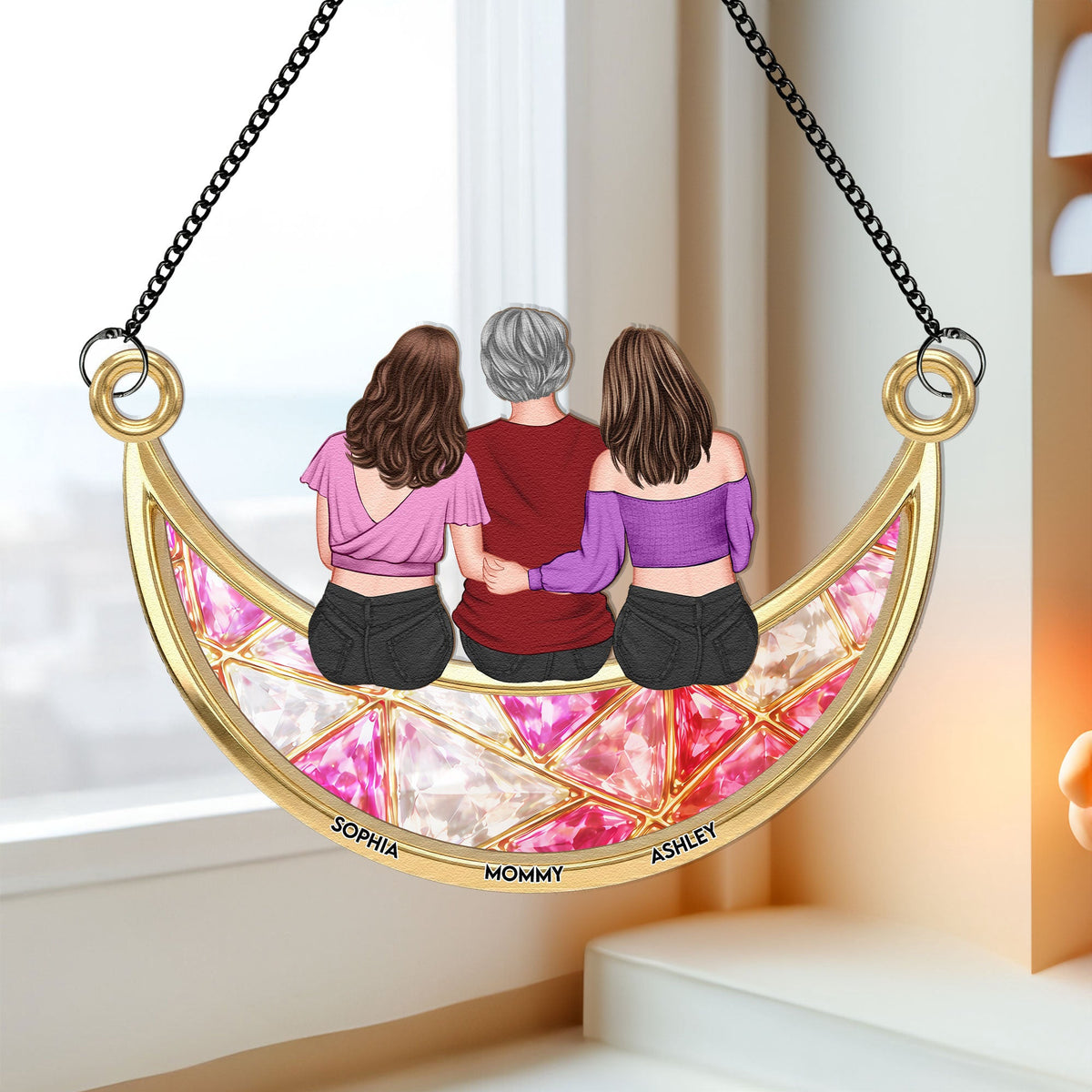 Mom, Her Children On The Moon - Personalized Window Hanging Suncatcher