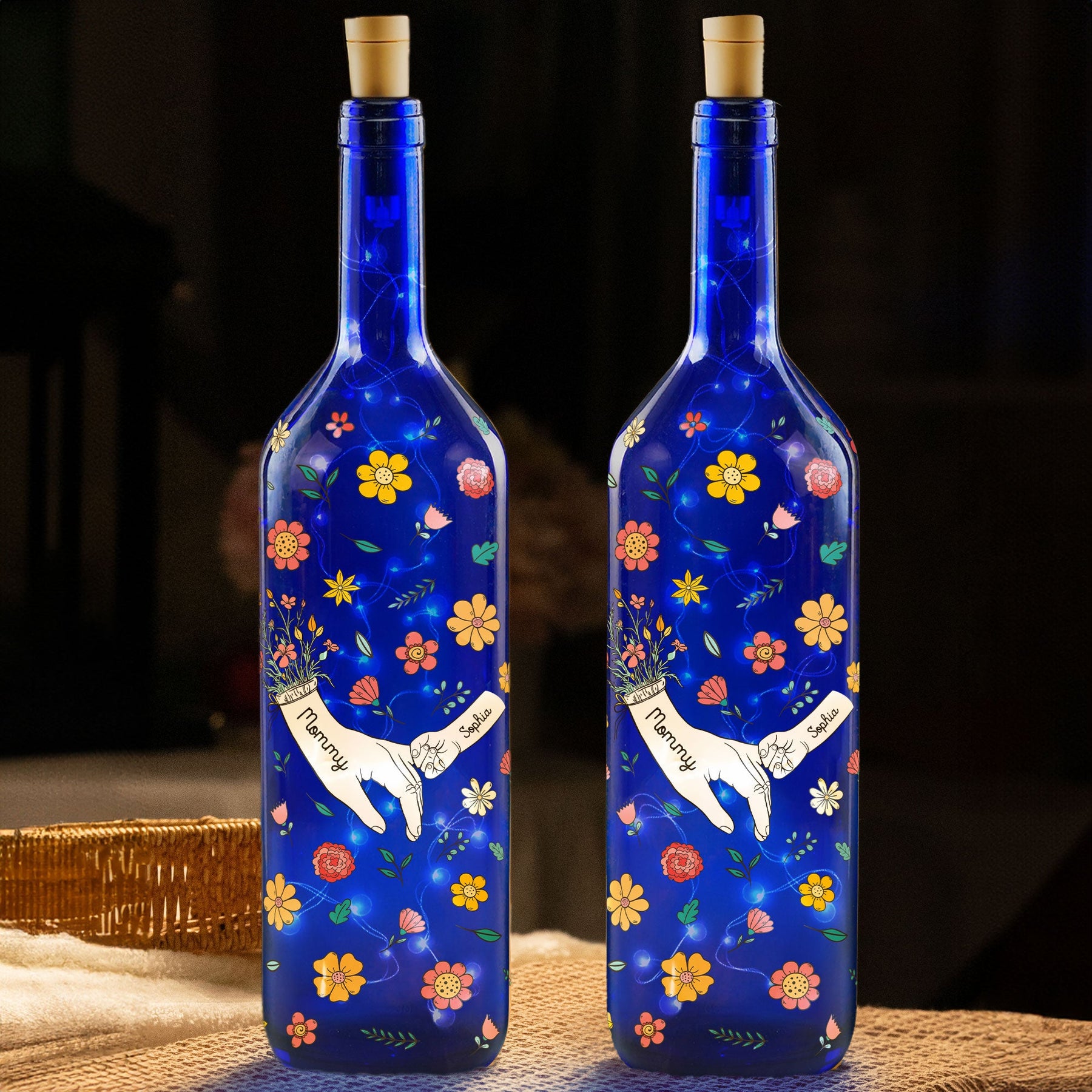 Mom's Hand - Personalized Blue Bottle Lamp