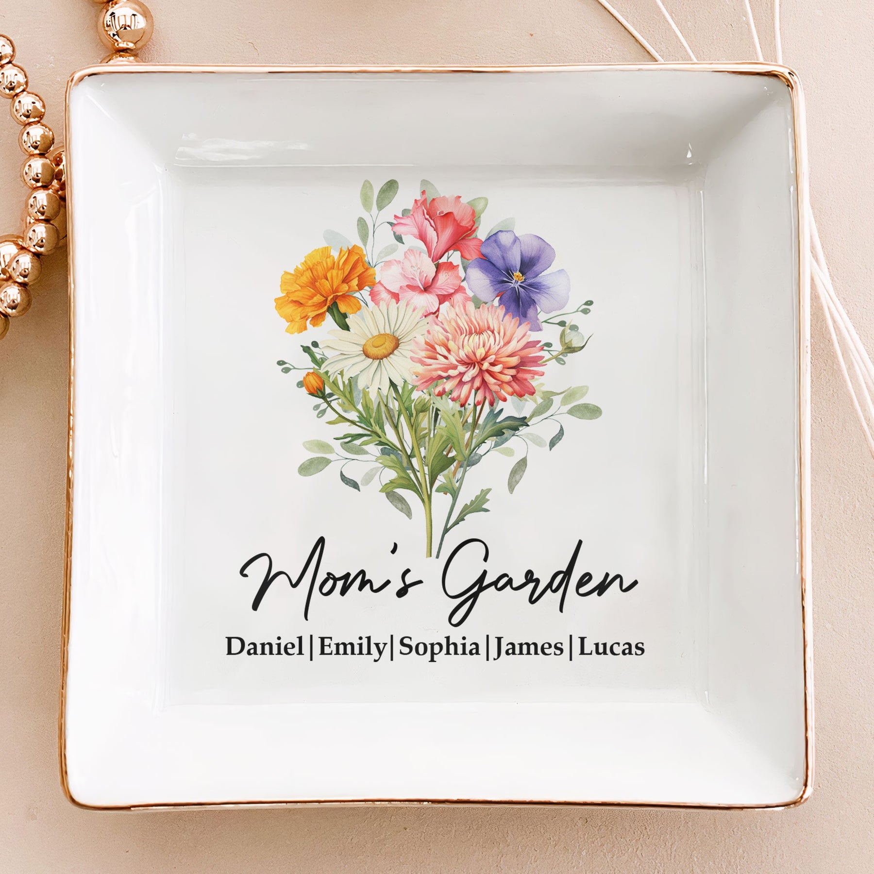 Mom's Garden Custom Kids' Birth Flowers - Mother's Day Gift For Mom, Mum, Grandma - Personalized Jewelry Dish
