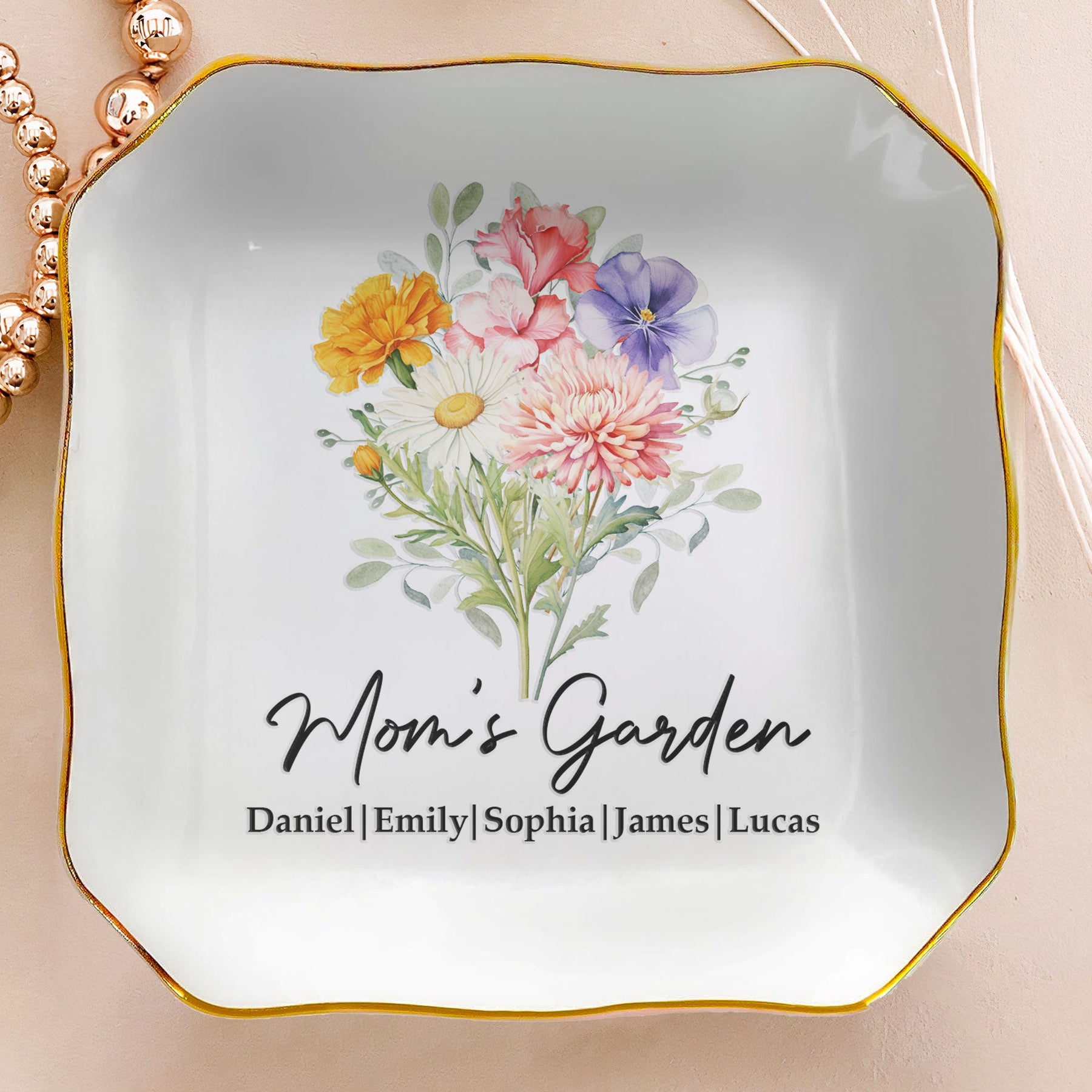 Mom's Garden Custom Kids' Birth Flowers - Mother's Day Gift For Mom, Mum, Grandma - Personalized Jewelry Dish