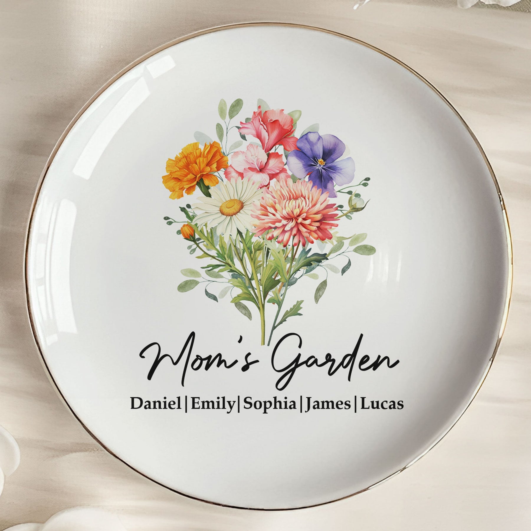 Mom's Garden Custom Kids' Birth Flowers - Mother's Day Gift For Mom, Mum, Grandma - Personalized Jewelry Dish