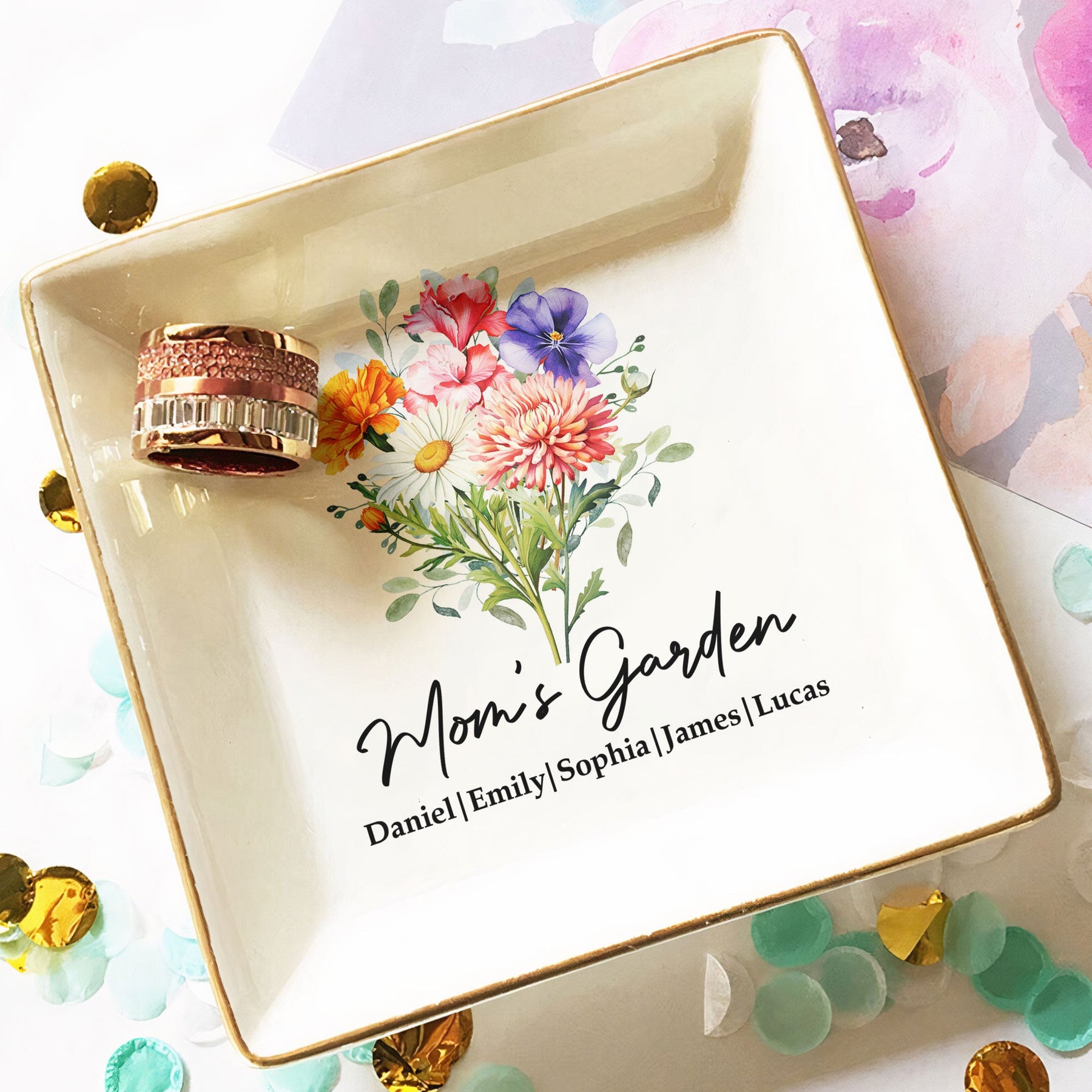Mom's Garden Custom Kids' Birth Flowers - Mother's Day Gift For Mom, Mum, Grandma - Personalized Jewelry Dish