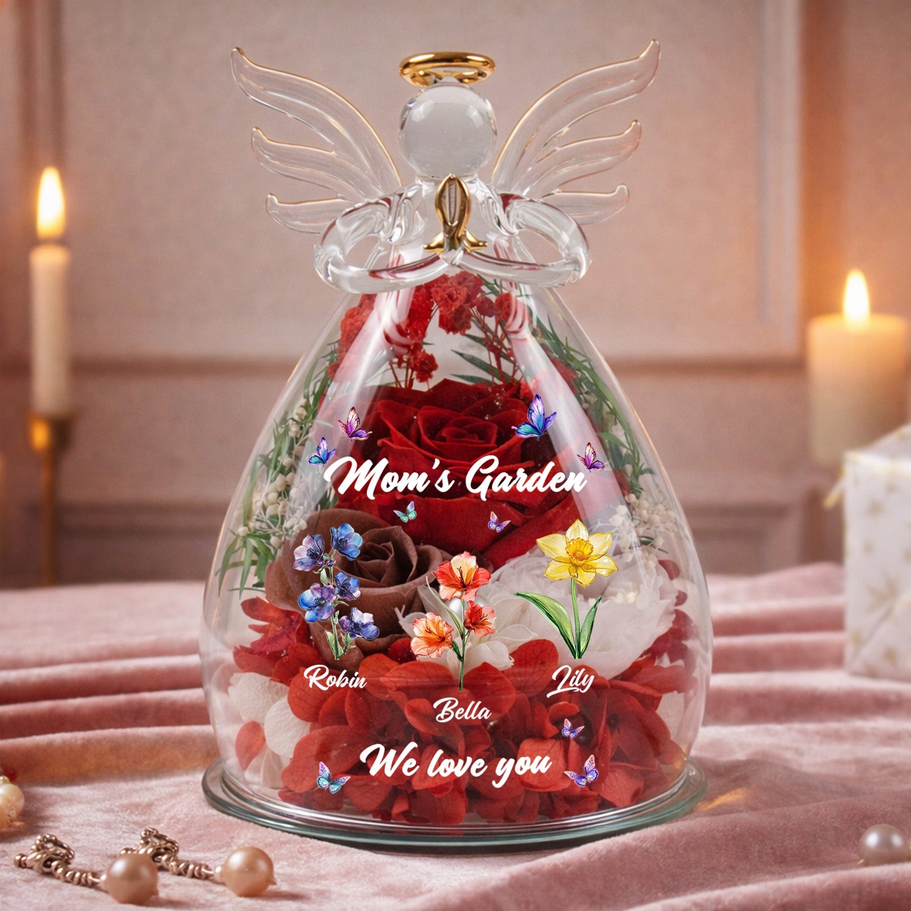 Mom's Garden, Grandma's Garden - Custom Kids' Birth Flower - Personalized Flower In Glass Angel Figurines