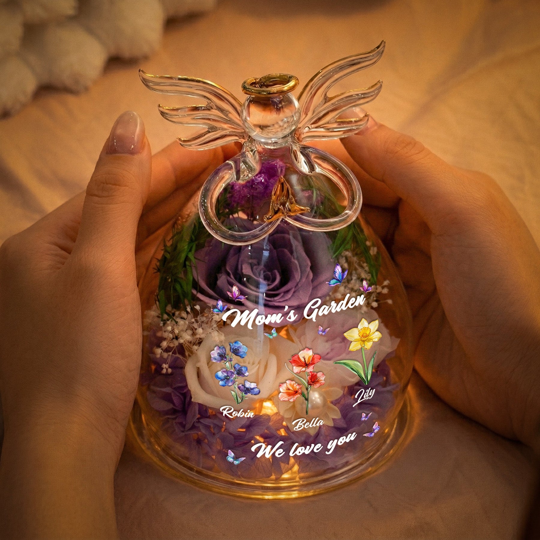 Mom's Garden, Grandma's Garden - Custom Kids' Birth Flower - Personalized Flower In Glass Angel Figurines