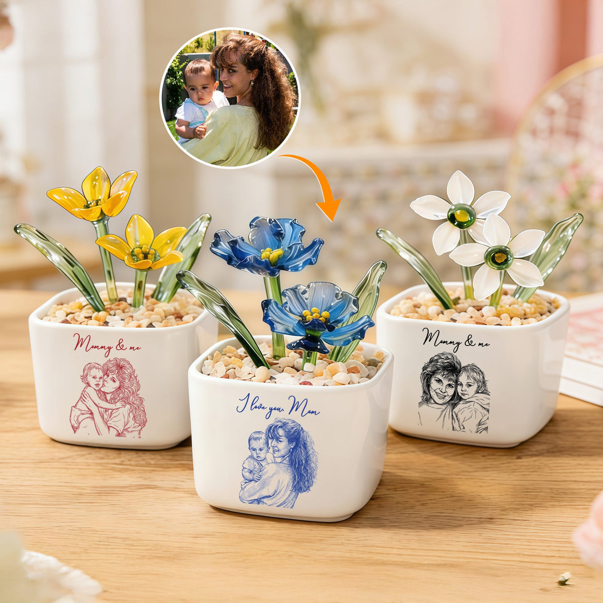 Mommy & Me Gift For Mom, Wife, Grandma Custom Glass Birth Flower - Personalized Plant Pot