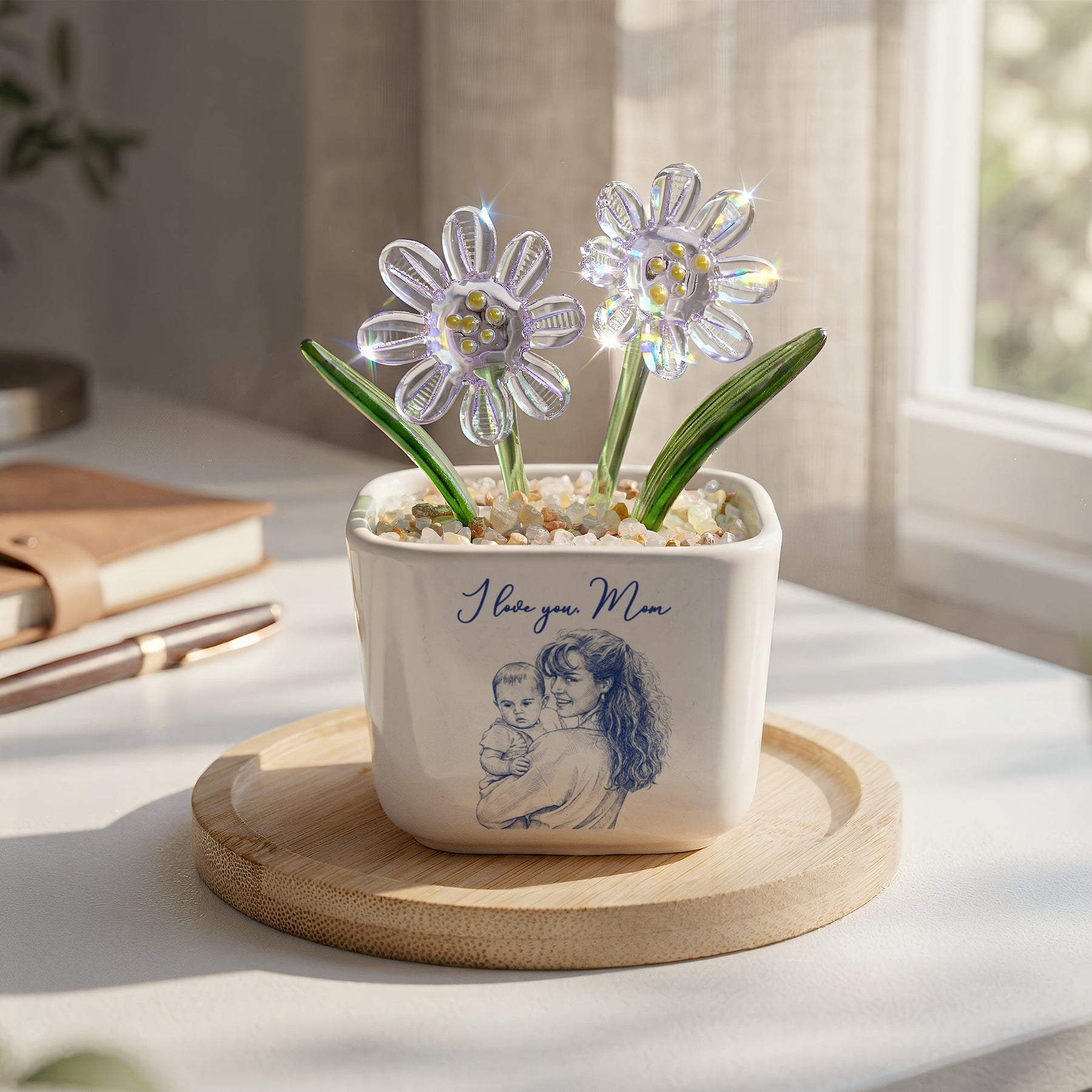 Mommy & Me Gift For Mom, Wife, Grandma Custom Glass Birth Flower - Personalized Plant Pot