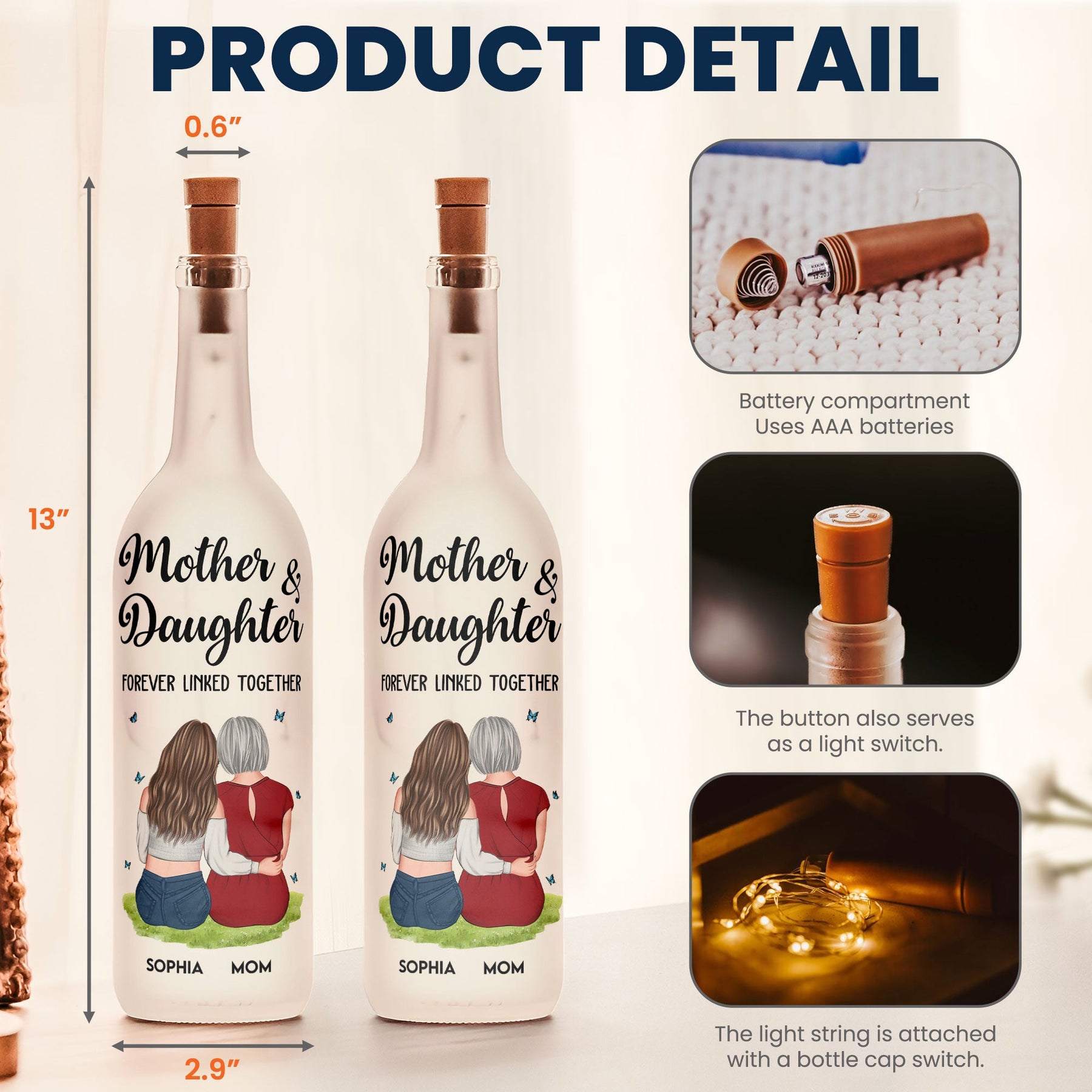 Mother And Daughter Forever Linked Together - Personalized Bottle Lamp - Gift For Mom