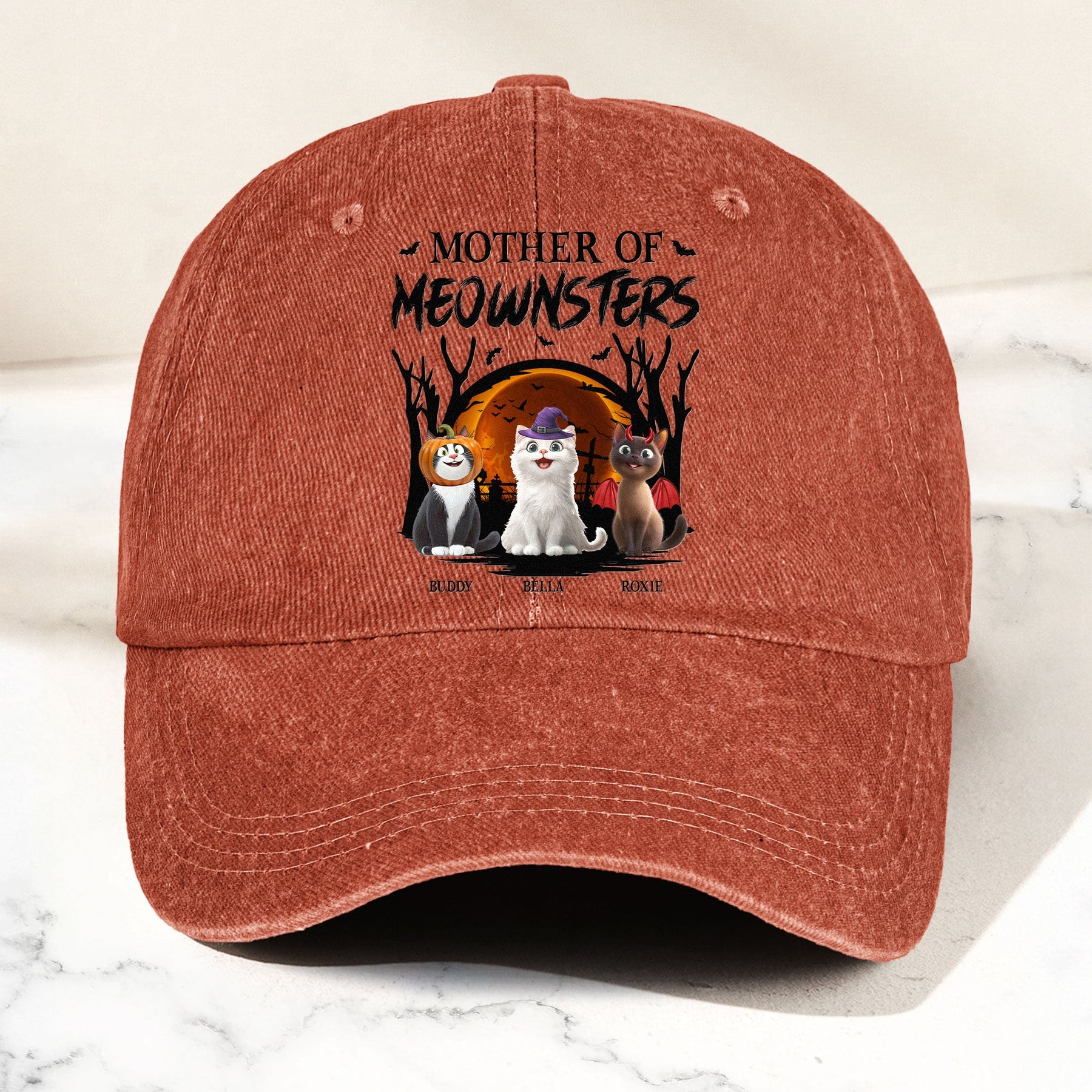 Mother Of Meownsters - Personalized Distressed Denim Cap