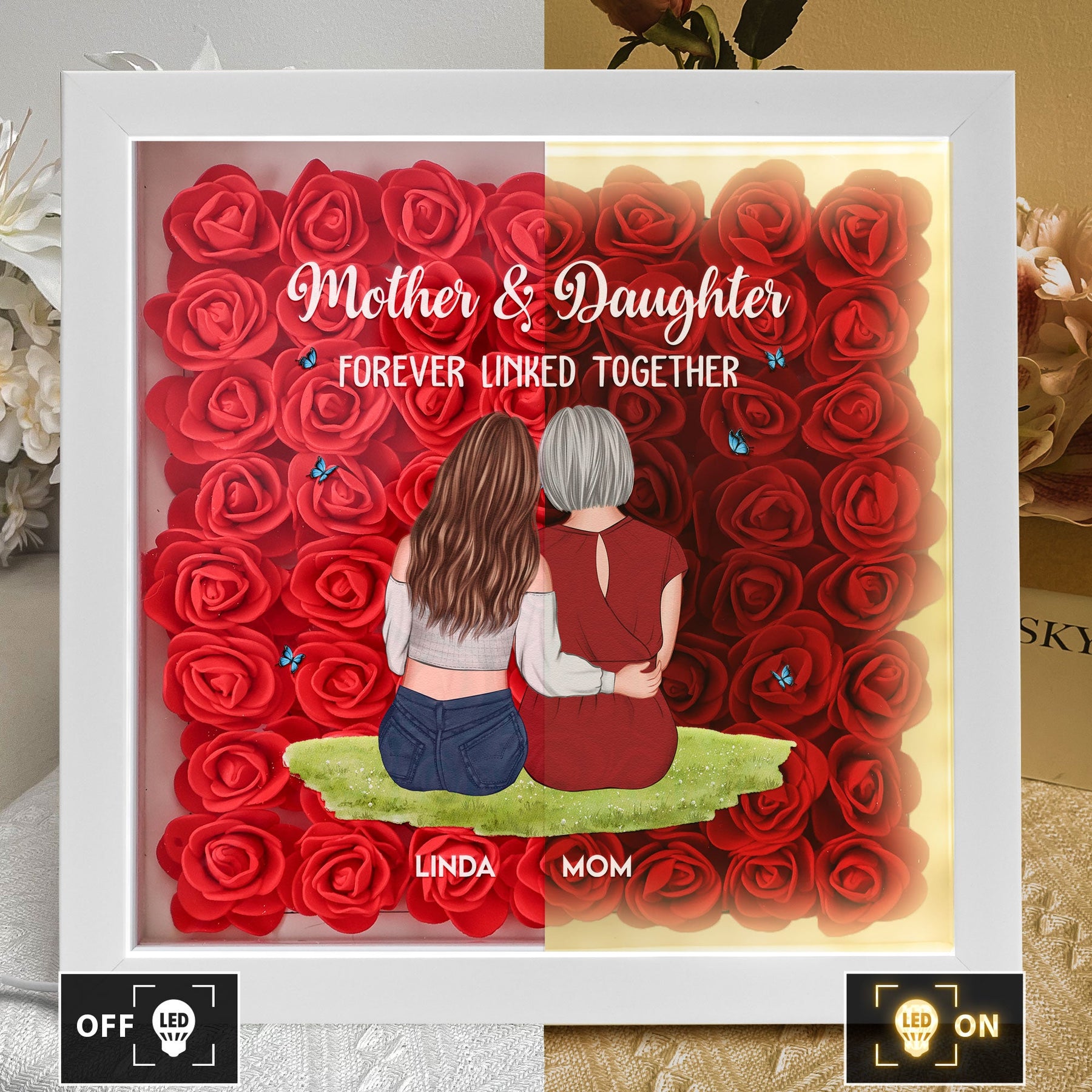 Mother & Daughter - Personalized Flower Shadow Box With LED Light