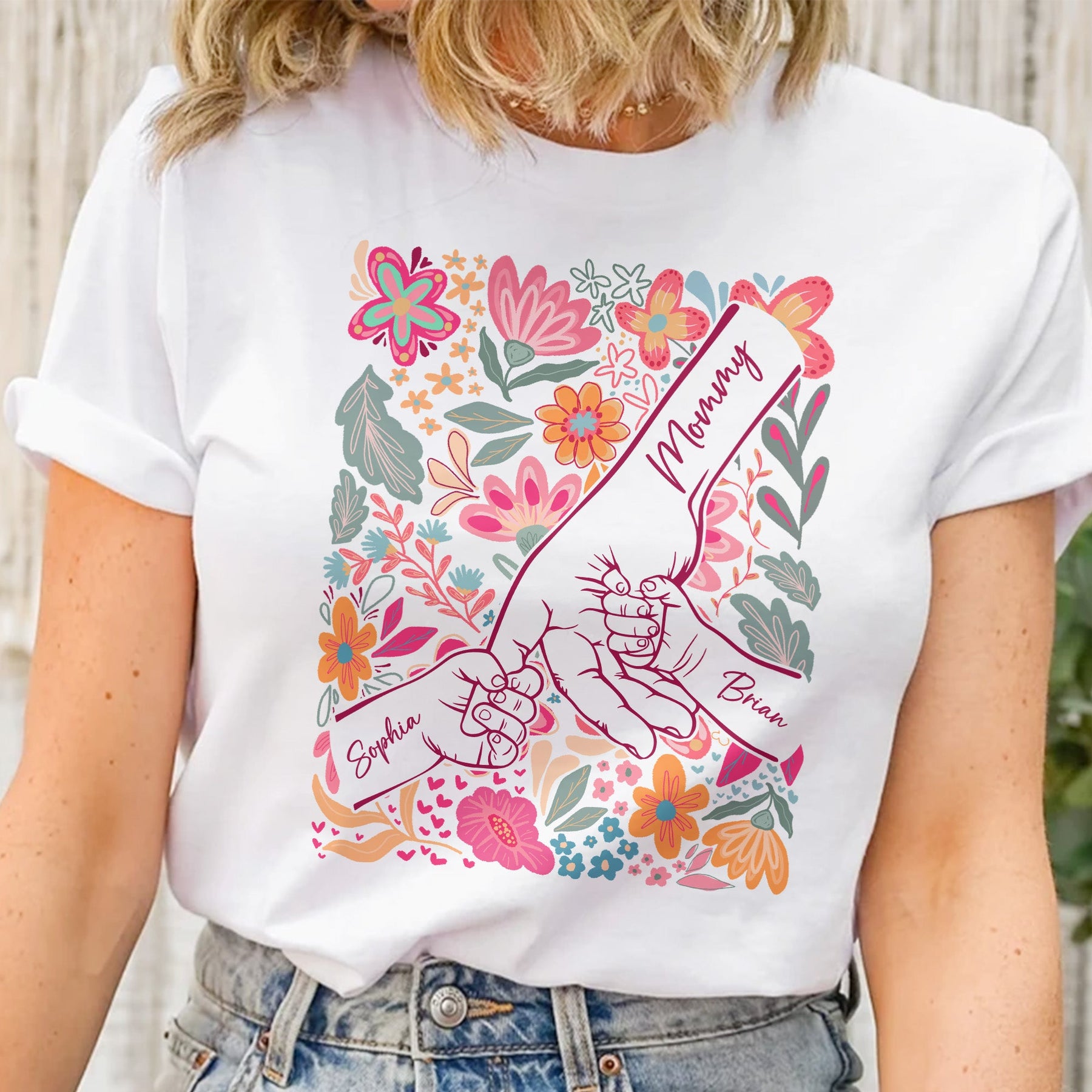 Mother & Children Holding Hands Floral Shirt Gift For Mom, Wife, Grandma - Personalized Shirt