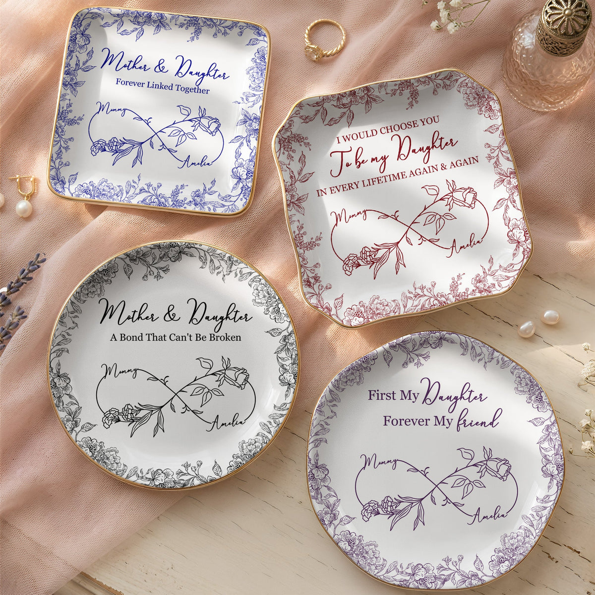 Mother & Daughter Forever Linked Together Toile De Jouy - Personalized Jewelry Dish