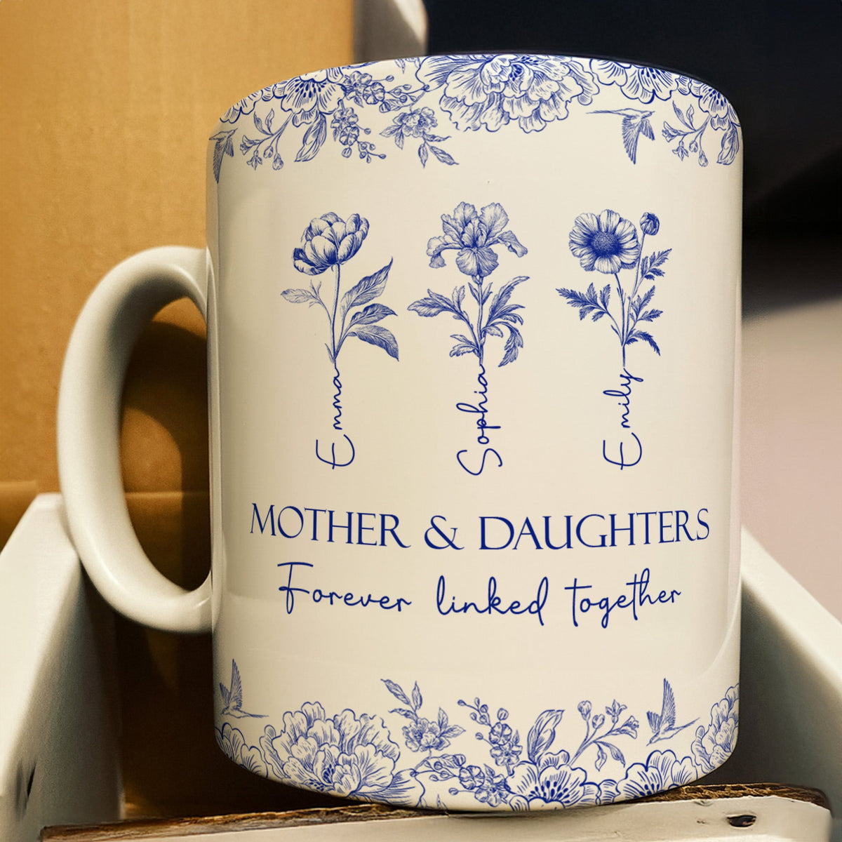 Mother & Daughters Forever Linked Together Birth Flower - Personalized Mug