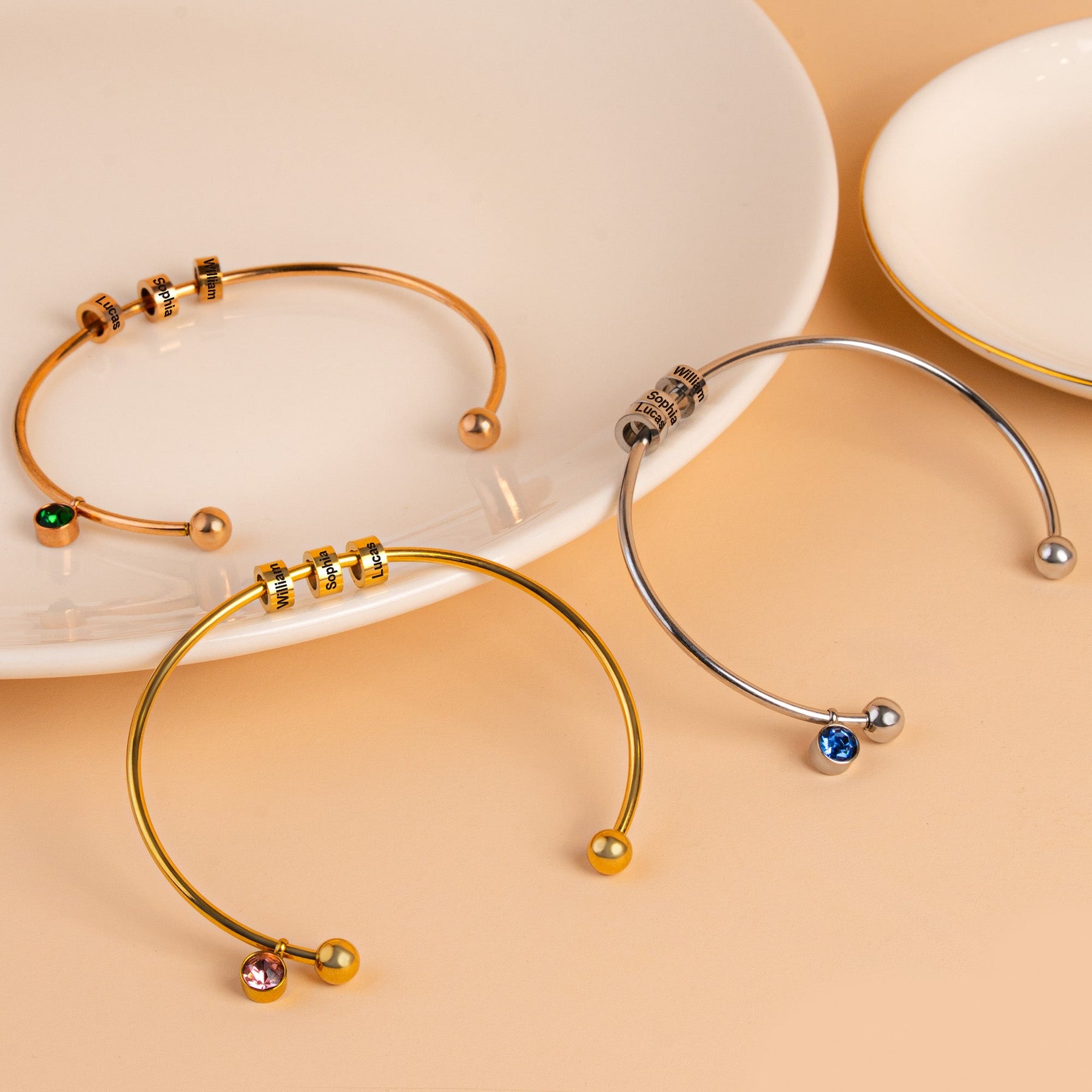 Mother's Day Gift- Personalized Engravable Bead Name Cuff Bracelet With Birthstone