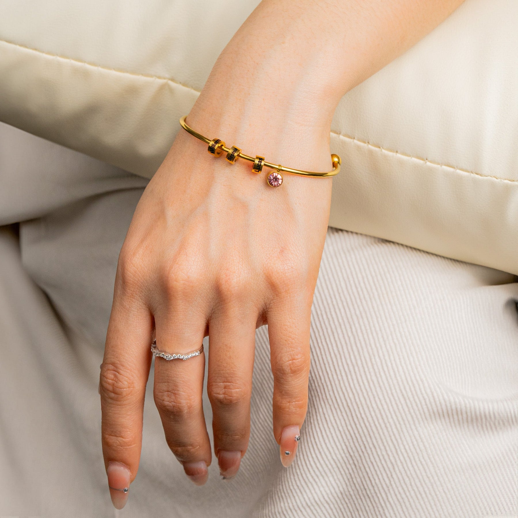 Mother's Day Gift- Personalized Engravable Bead Name Cuff Bracelet With Birthstone