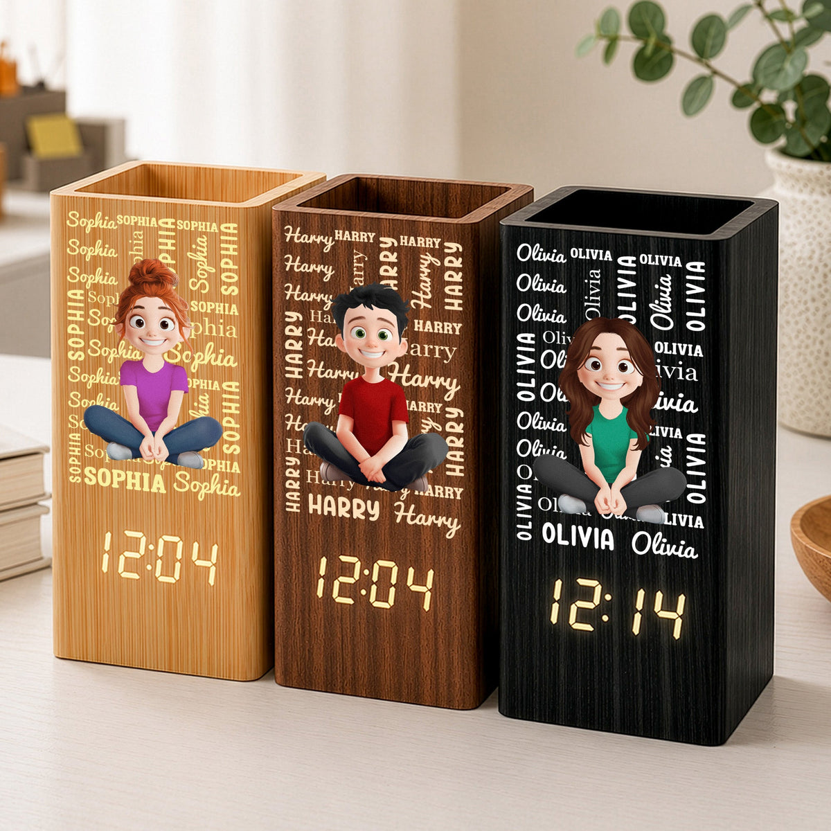 Name Pattern Gift For Kid - Personalized Pen Holder With Clock