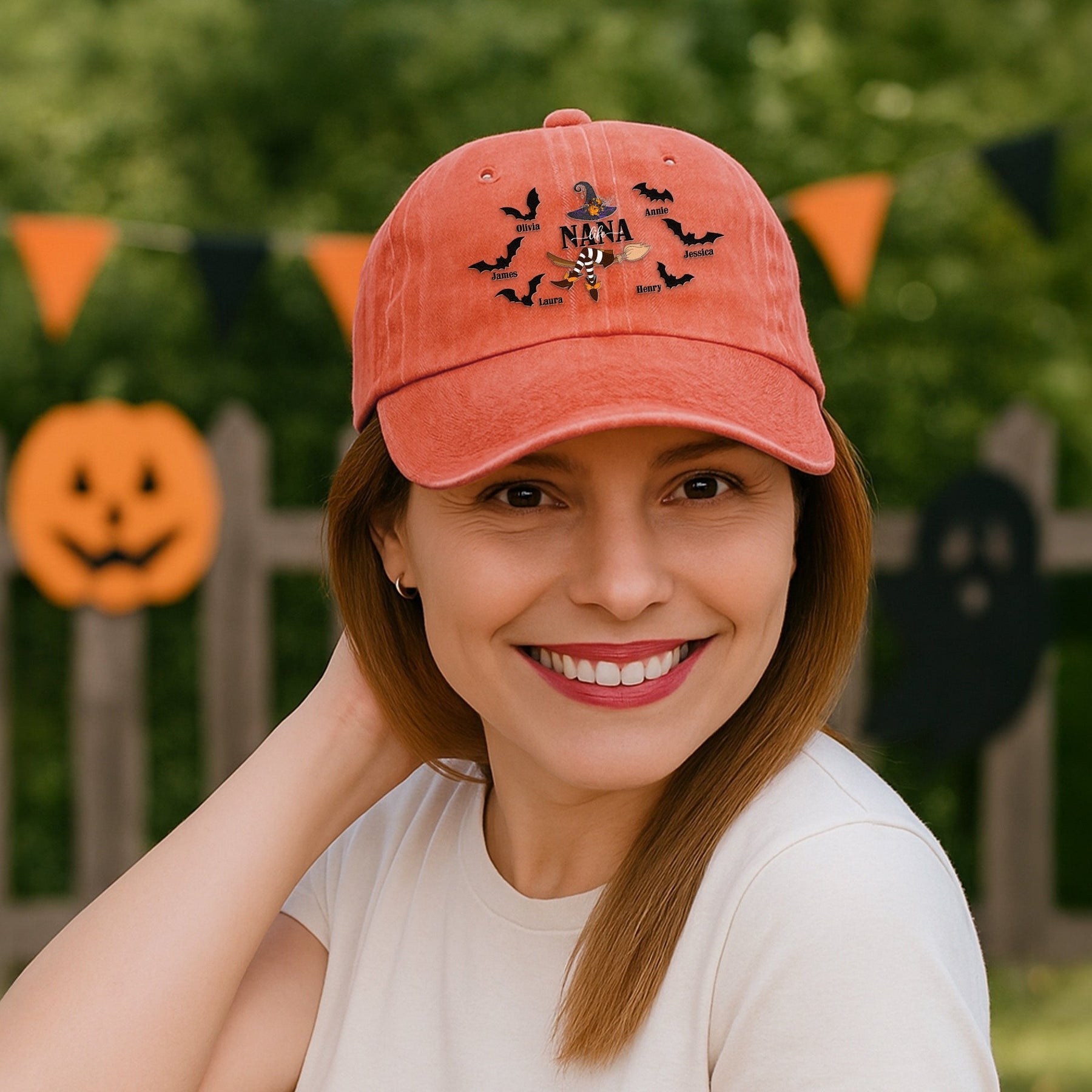 Nana Life - Halloween Witch With Custom Kids Names - Personalized Distressed Denim Cap