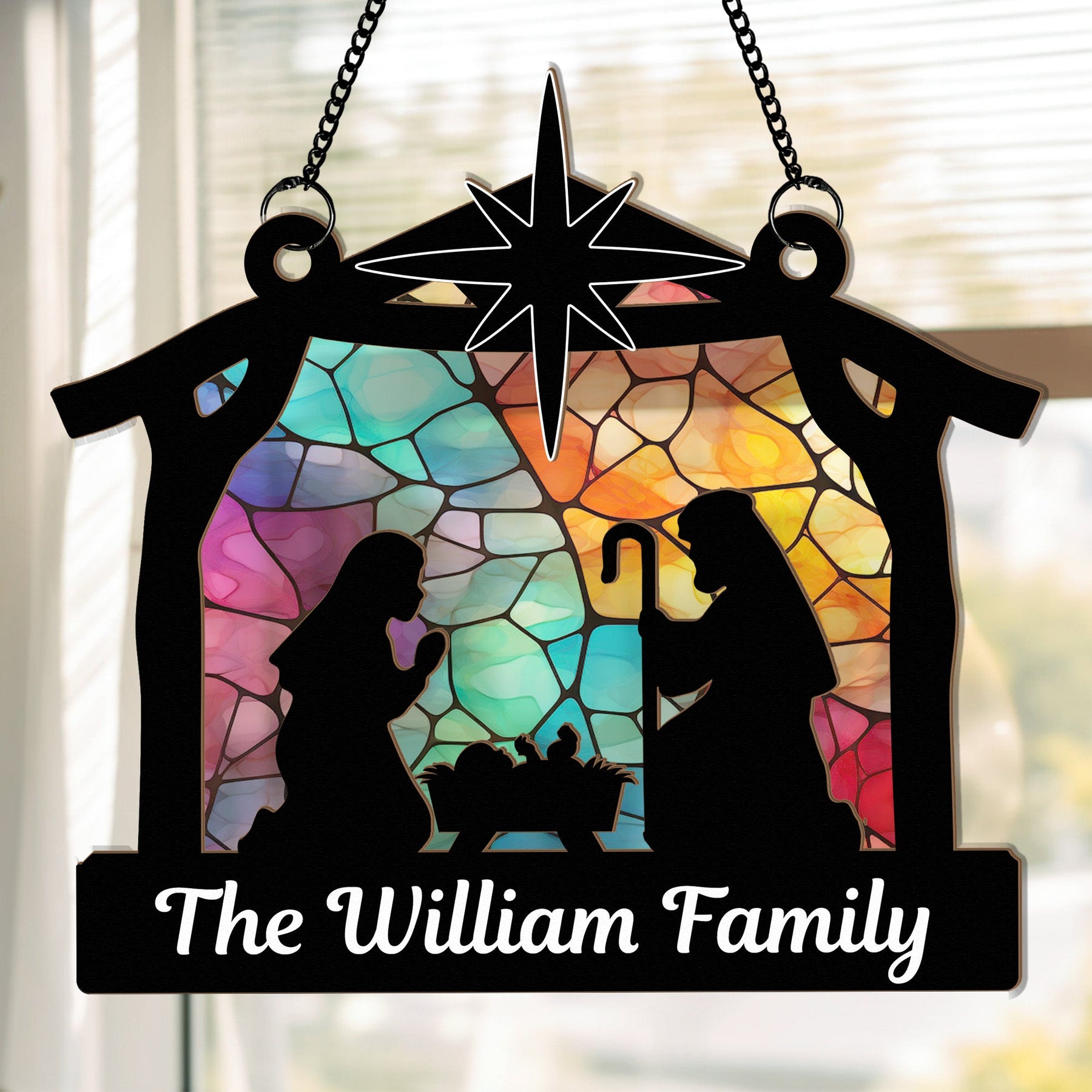 Nativity Scene Christmas Holy Night - Personalized Window Hanging Suncatcher Ornament