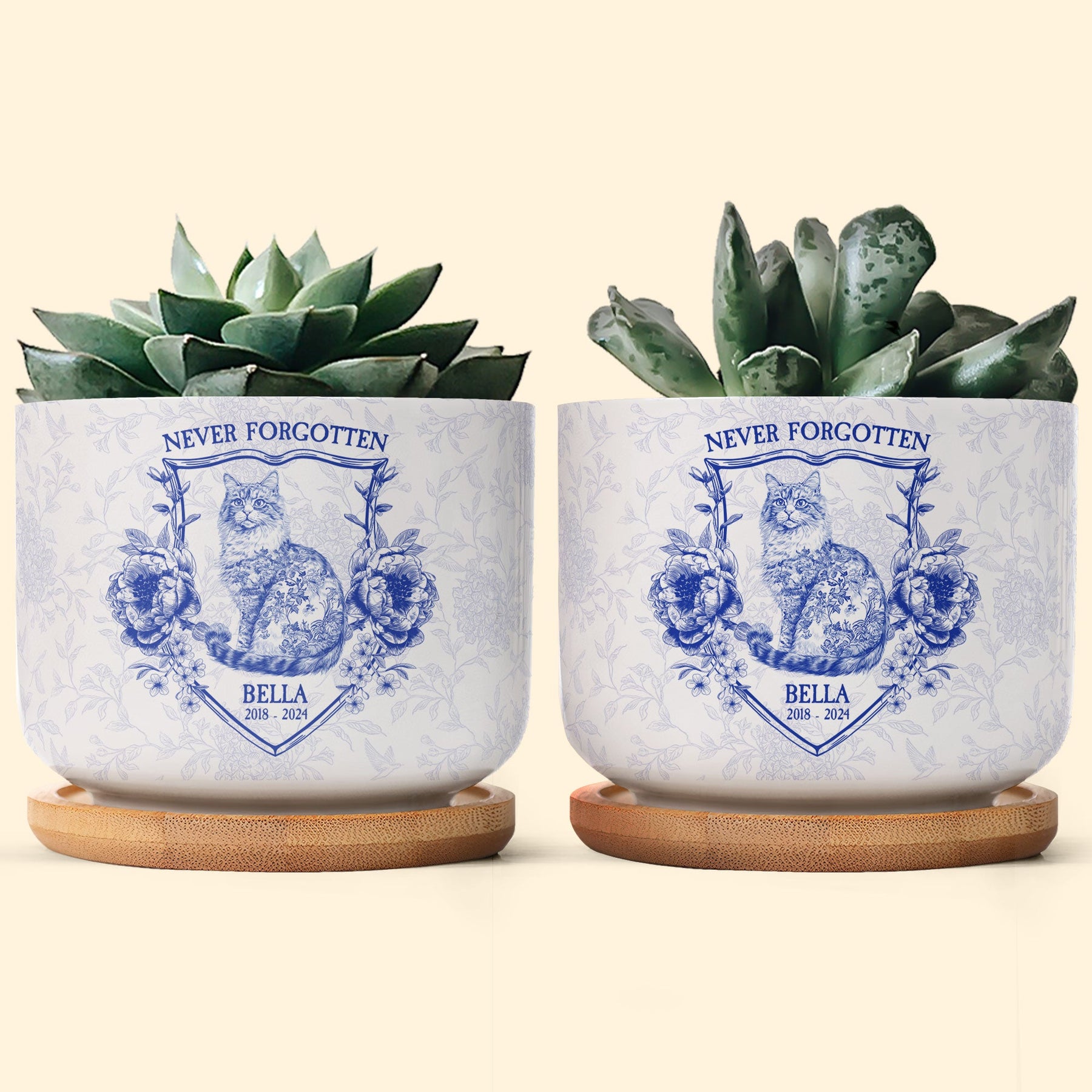 Never Forgotten Cat Toile De Jouy Style - Personalized Ceramic Plant Pot With Tray