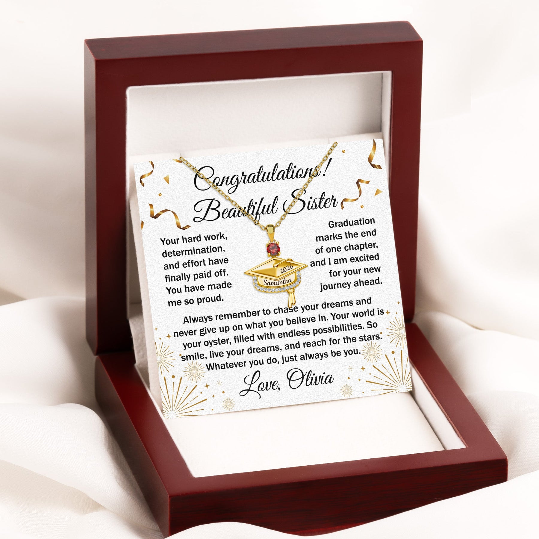 Never Give Up - Personalized Graduation Cap Pendant Necklace With Birthstone