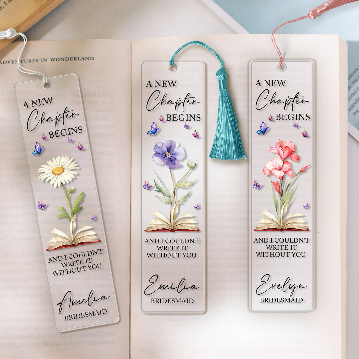 New Chapter Begins Custom Birth Flower & Name Wedding Gift For Bridesmaid - Personalized Bookmark