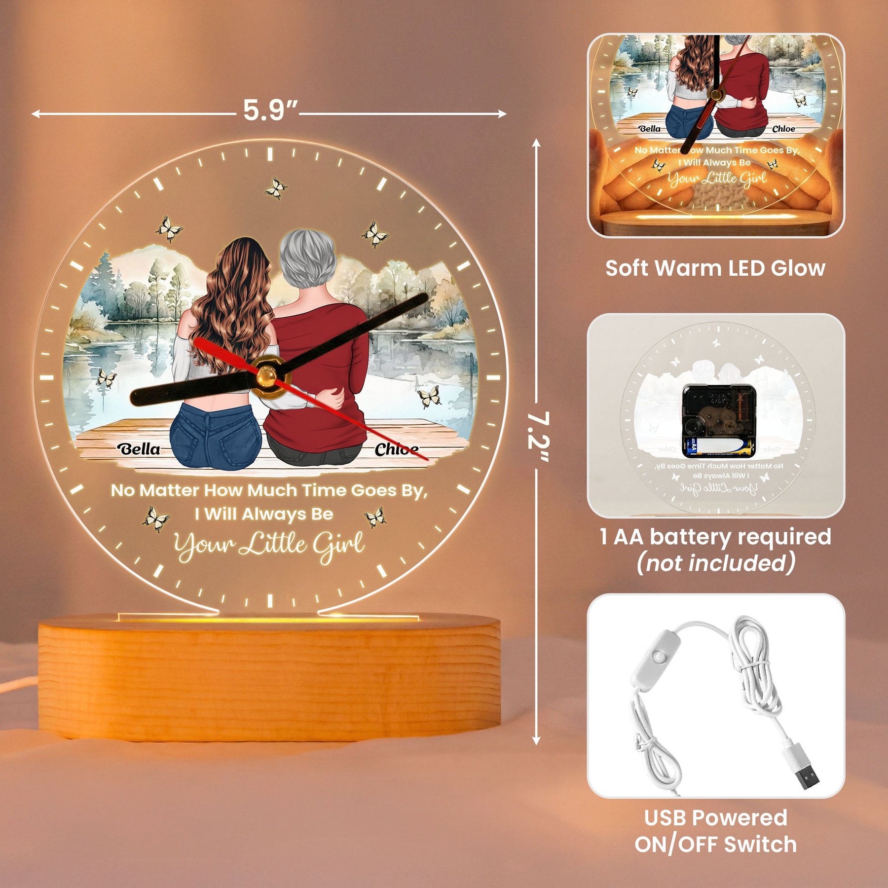 No Matter How Much Time Goes By We Will Always Be Your Little Girls, Boys - Personalized Acrylic Desk Clock Light