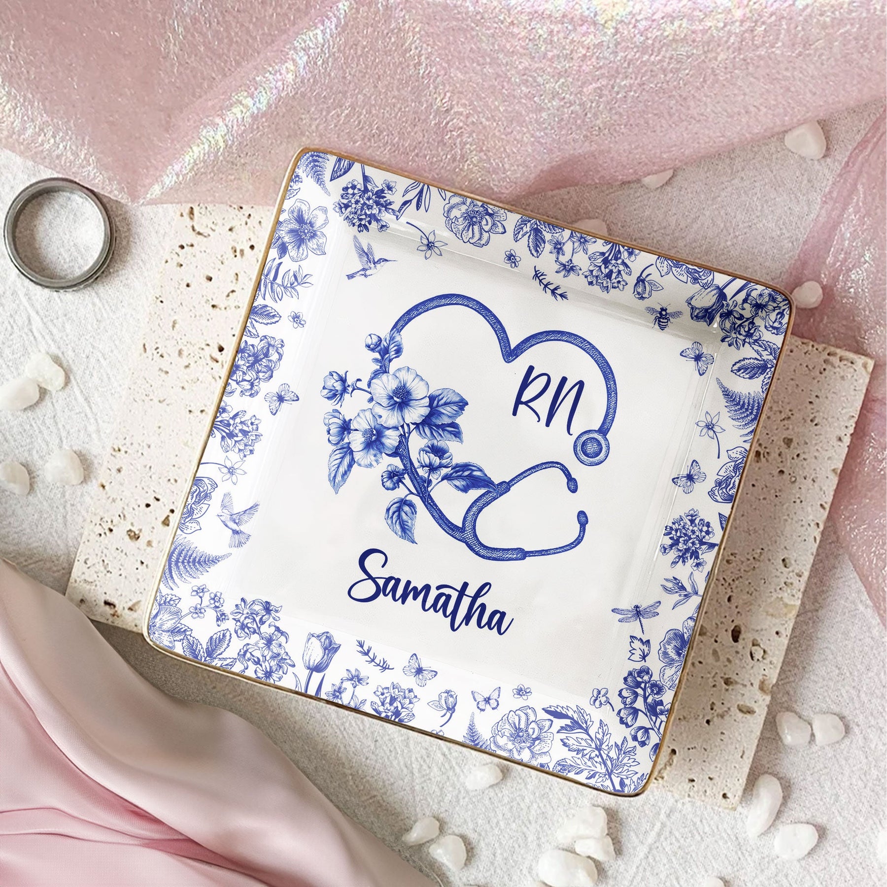 Nurse Gift Toile De Jouy Birth Flower Stethoscope - Personalized Jewelry Dish