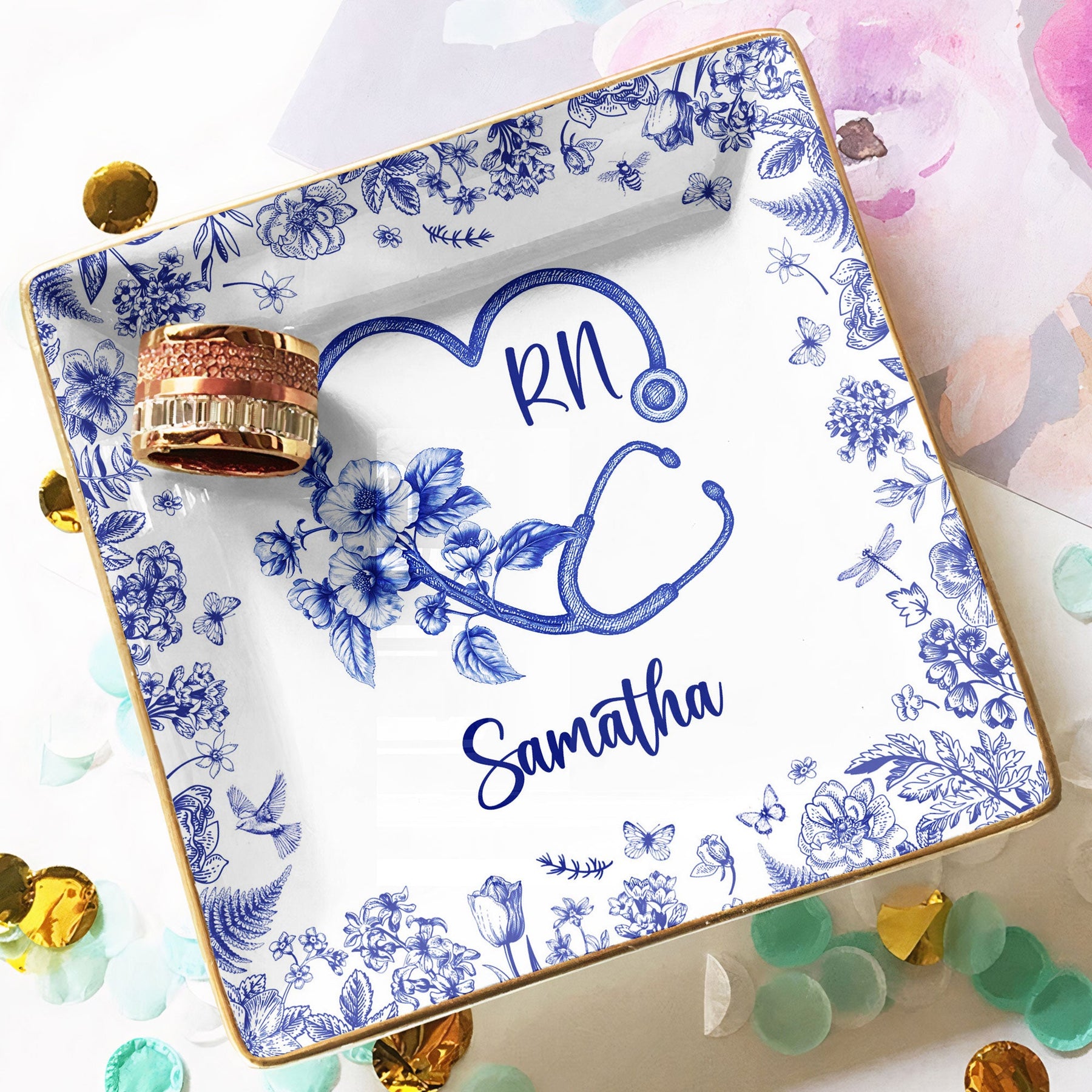 Nurse Gift Toile De Jouy Birth Flower Stethoscope - Personalized Jewelry Dish