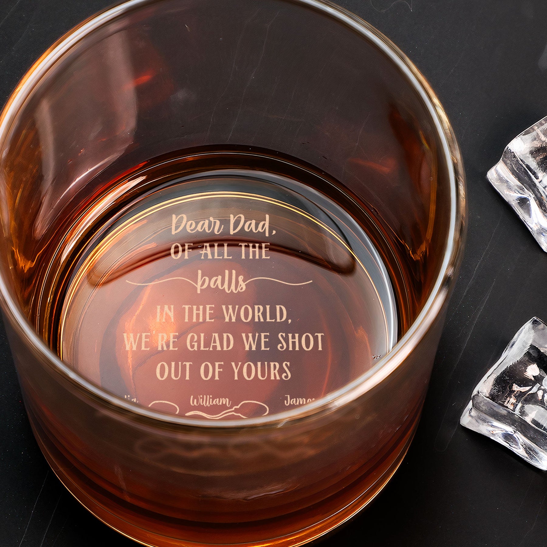 Of All The Balls We're Glad We Shot Out Of Yours - Personalized Engraved Whiskey Glass