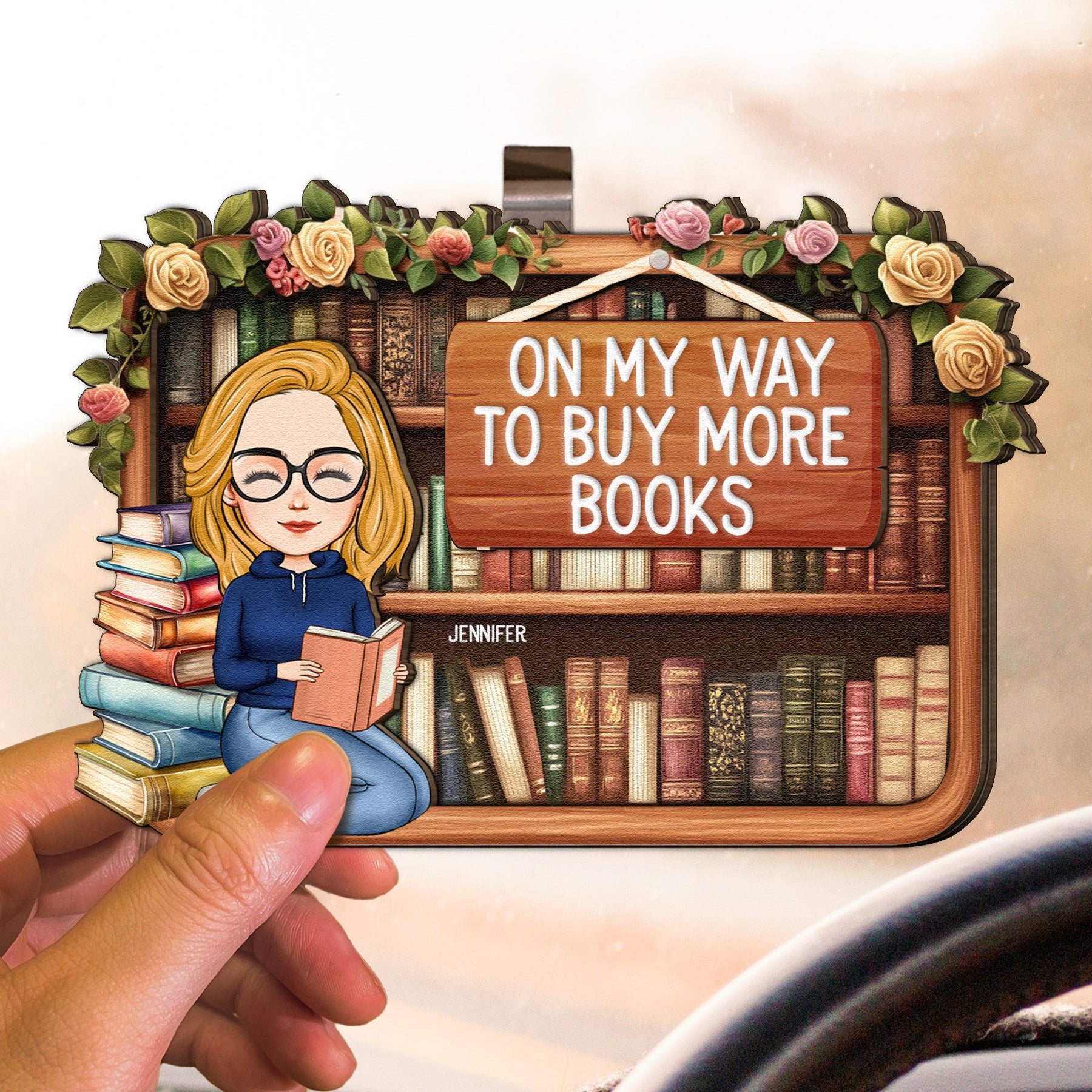 On My Way To Buy More Books - Personalized Wooden Car Visor Clip