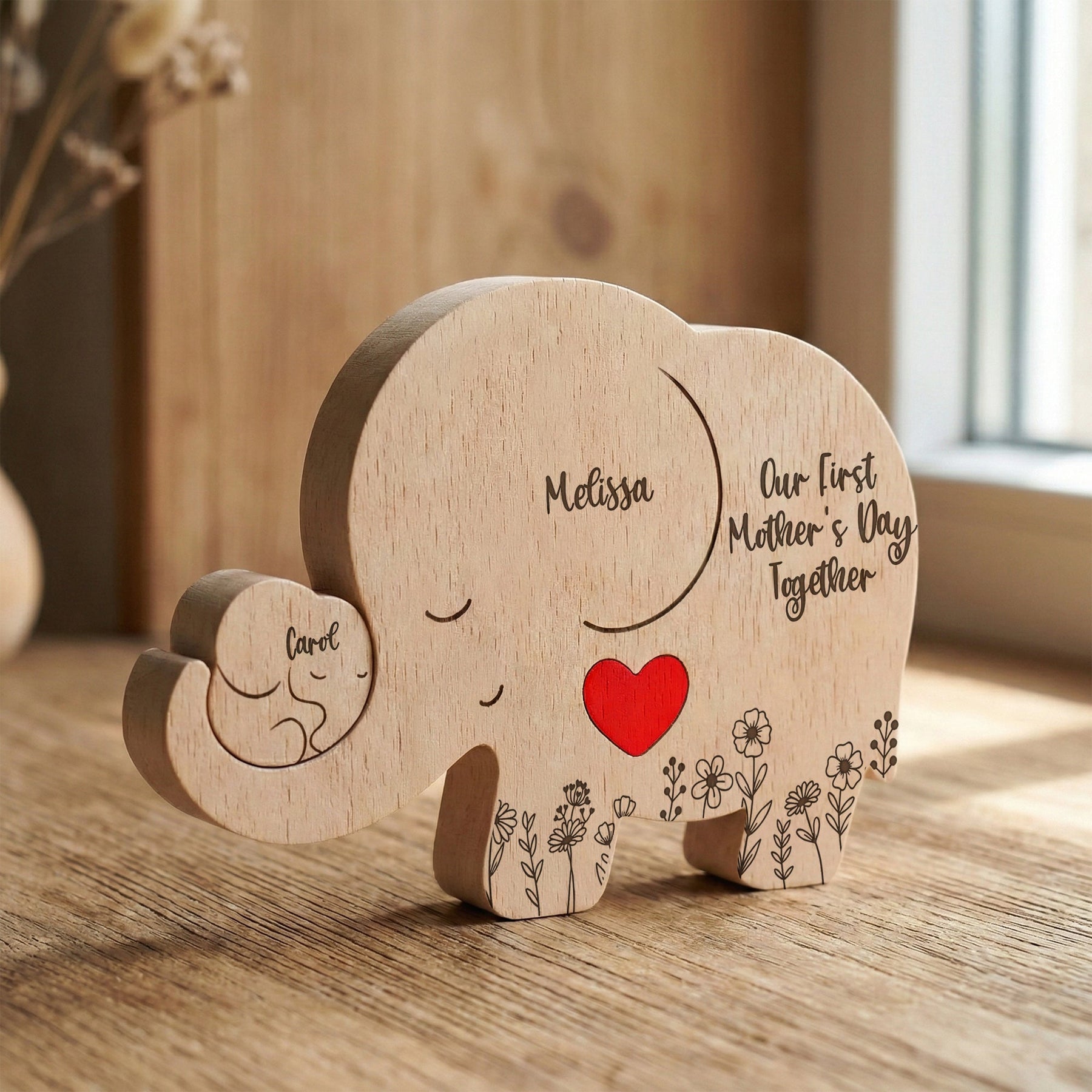 Our 1st Mother's Day Together - Elephant Mom & Baby - Floral Style - Personalized Puzzle