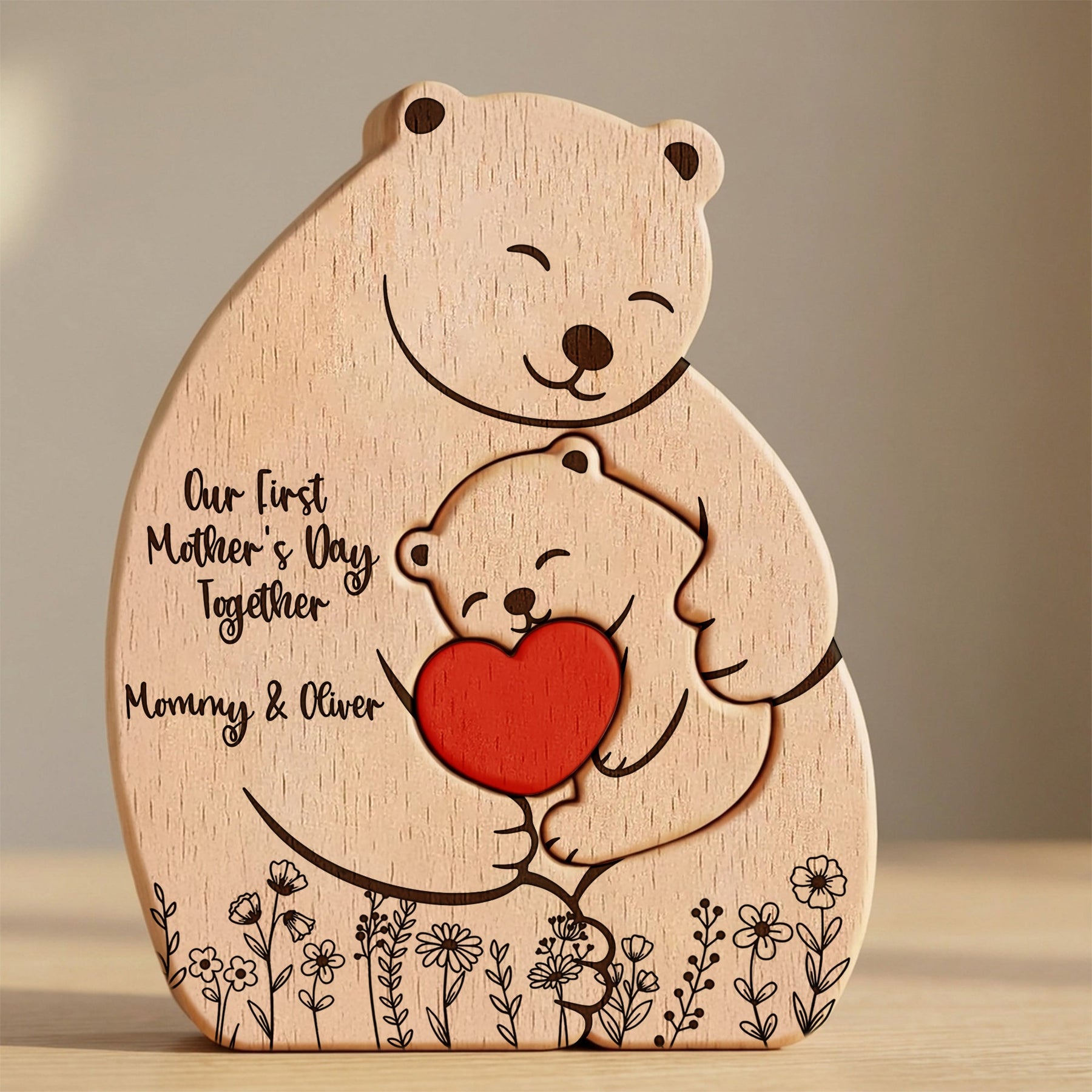 Our 1st Mother's Day Together - Mama Bear Mom & Baby Cub - Floral Style - Personalized Puzzle