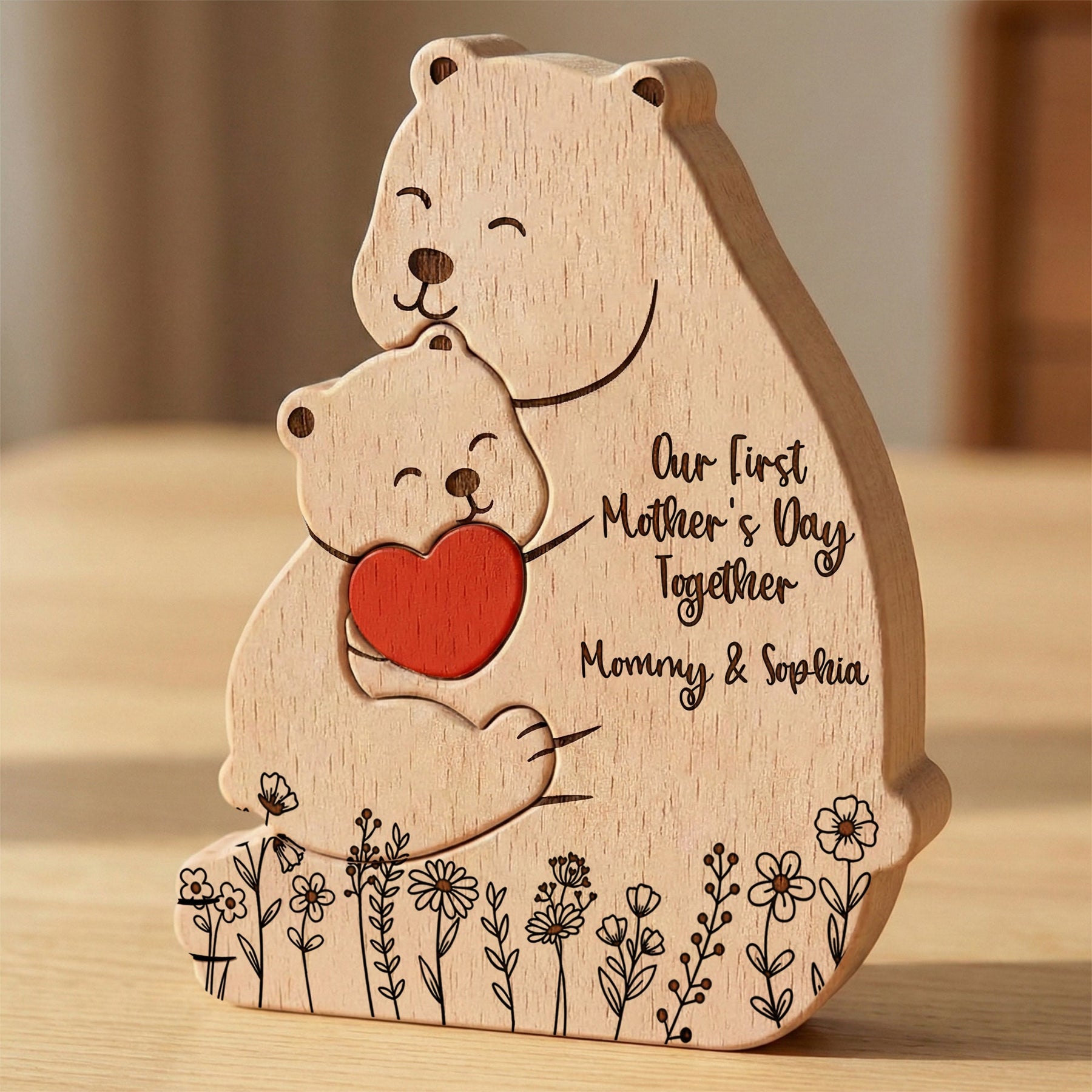 Our 1st Mother's Day Together - Mama Bear Mom & Baby Cub - Floral Style - Personalized Puzzle