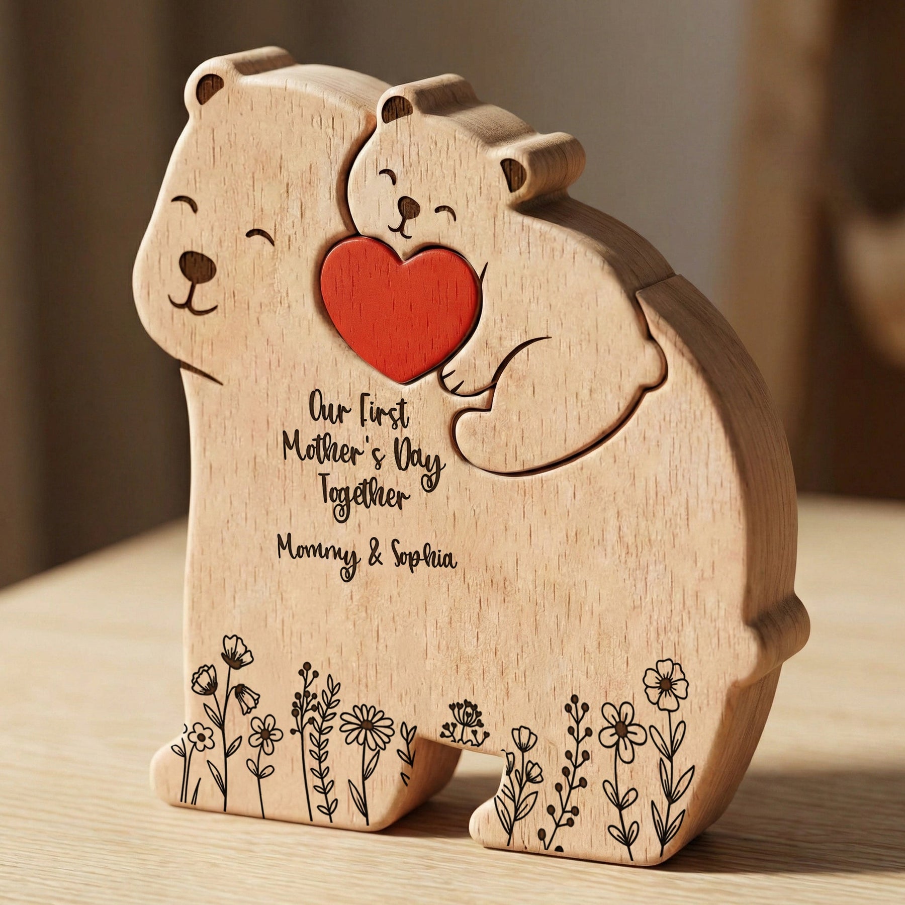 Our 1st Mother's Day Together - Mama Bear Mom & Baby Cub - Floral Style - Personalized Puzzle