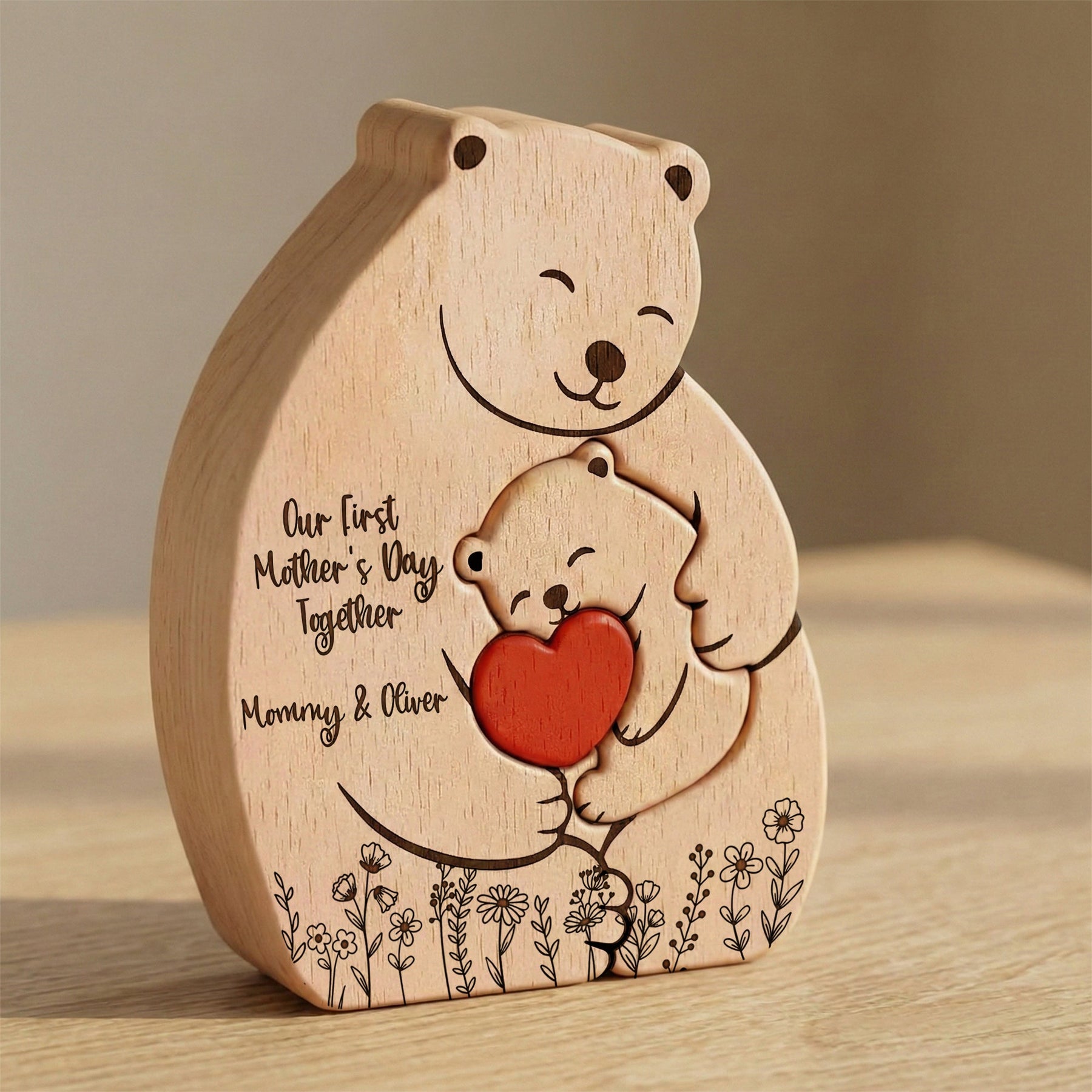Our 1st Mother's Day Together - Mama Bear Mom & Baby Cub - Floral Style - Personalized Puzzle
